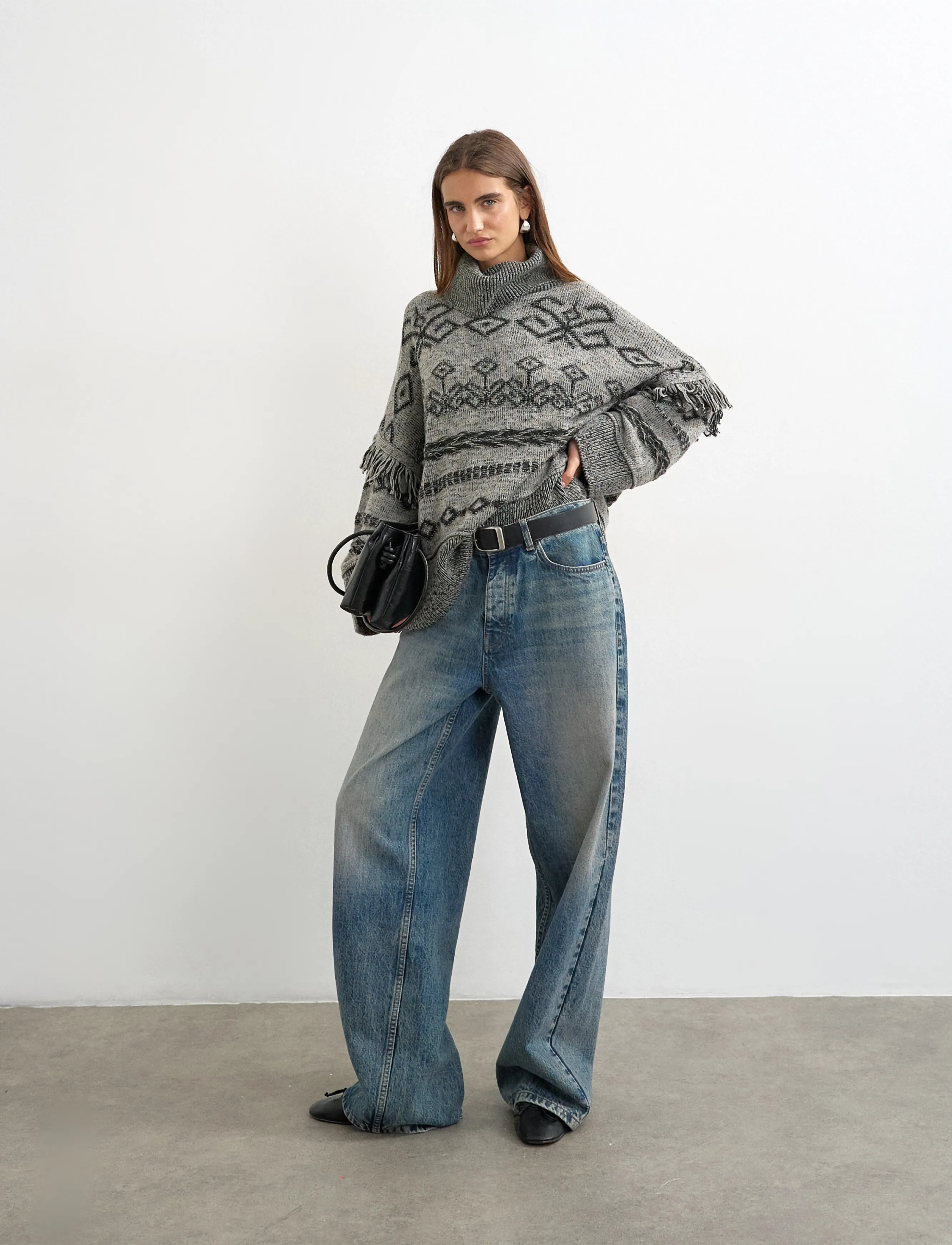 Topshop Tsfenya Knitted Oversized Jumper Knt, Damen, Oversize Gemusterter Rollkragenpullover, Grau, Gr.M
