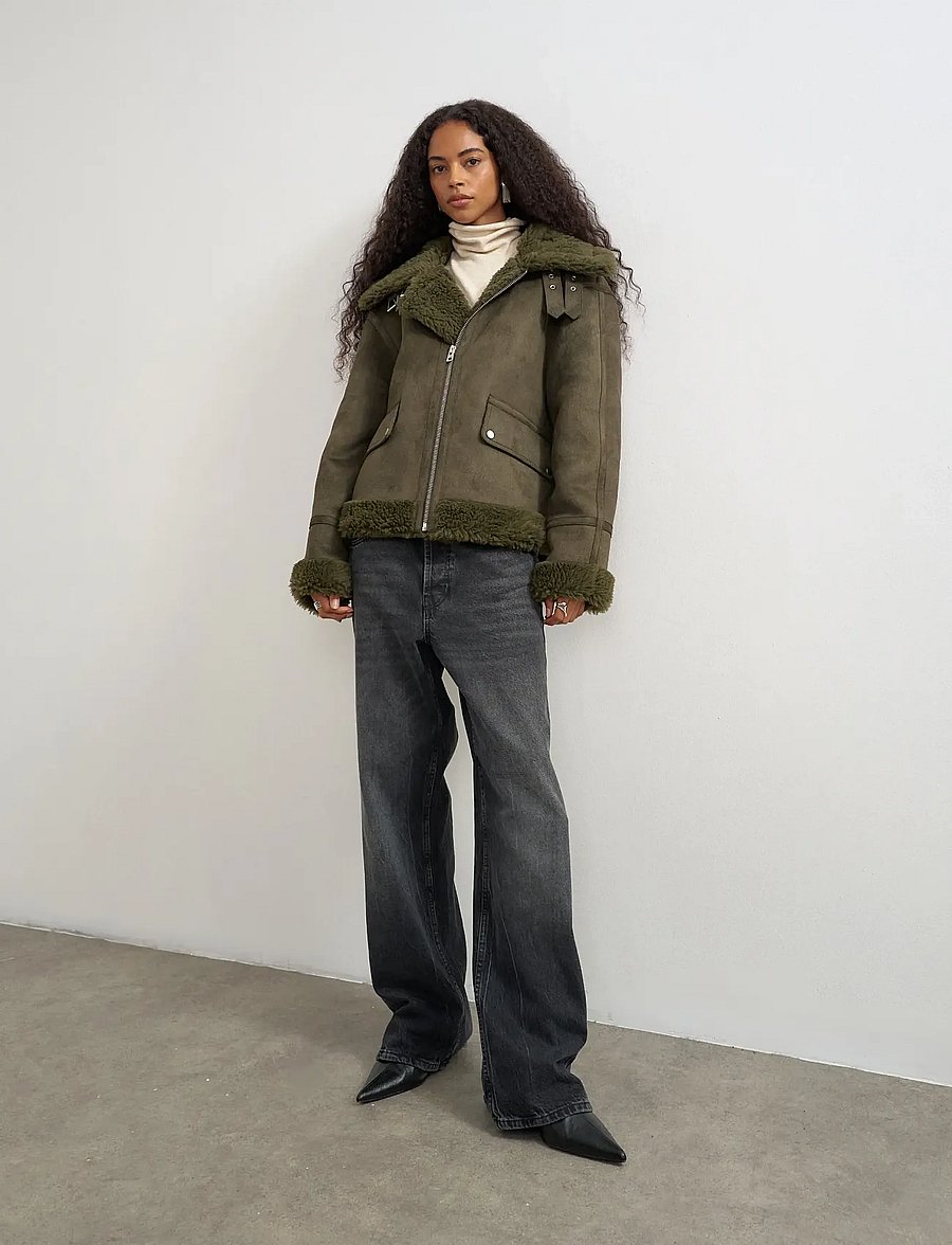 Topshop - TSTILDA SHEARLING COLLAR JACKET OTW - kunstpelz - khaki - 0