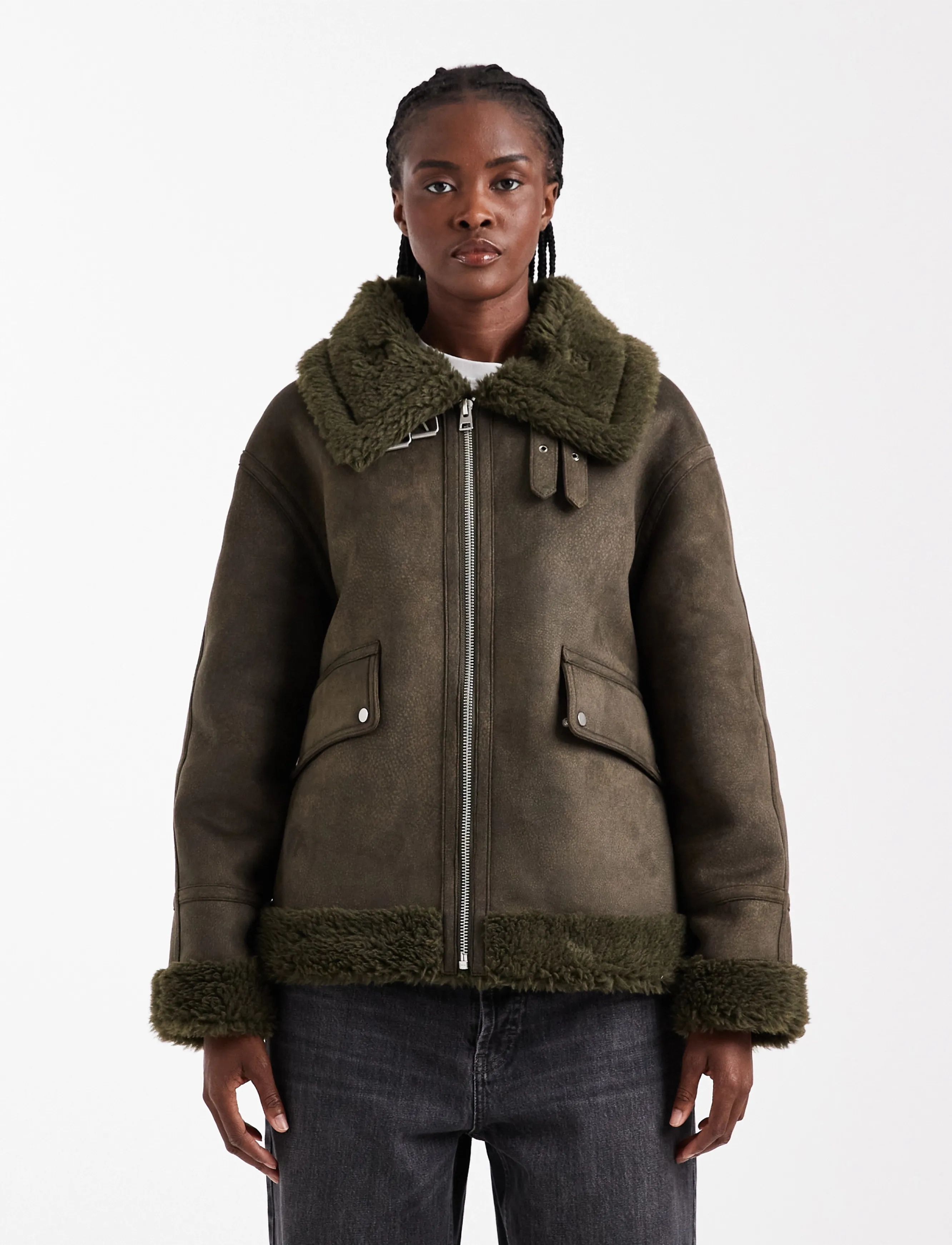 Topshop TSTILDA SHEARLING COLLAR JACKET OTW - Faux Fur jakker - KHAKI / khaki/green
