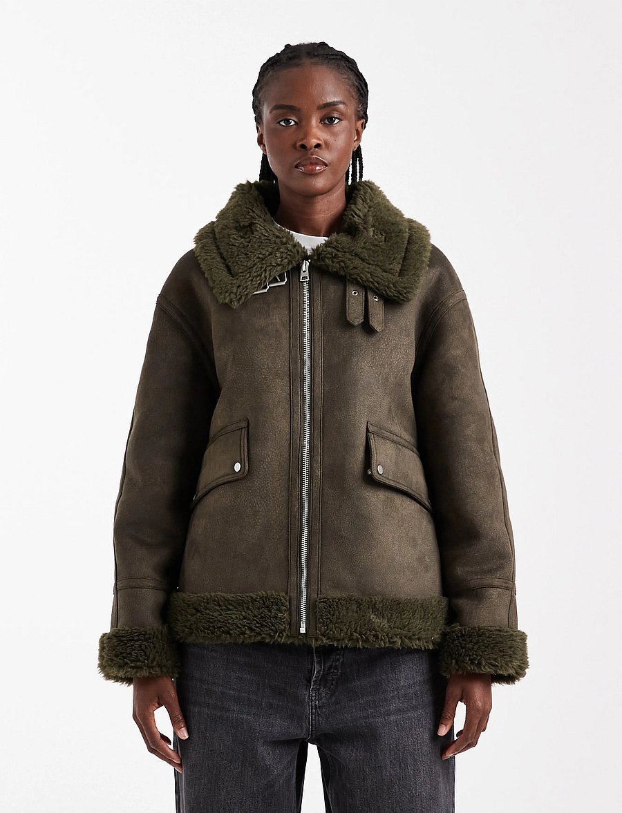 Topshop - TSTILDA SHEARLING COLLAR JACKET OTW - faux fur jakker - khaki - 0
