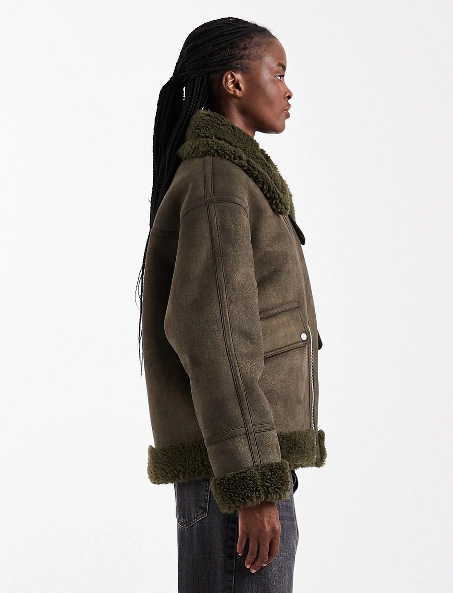 Topshop - TSTILDA SHEARLING COLLAR JACKET OTW - faux fur jakker - khaki - 4