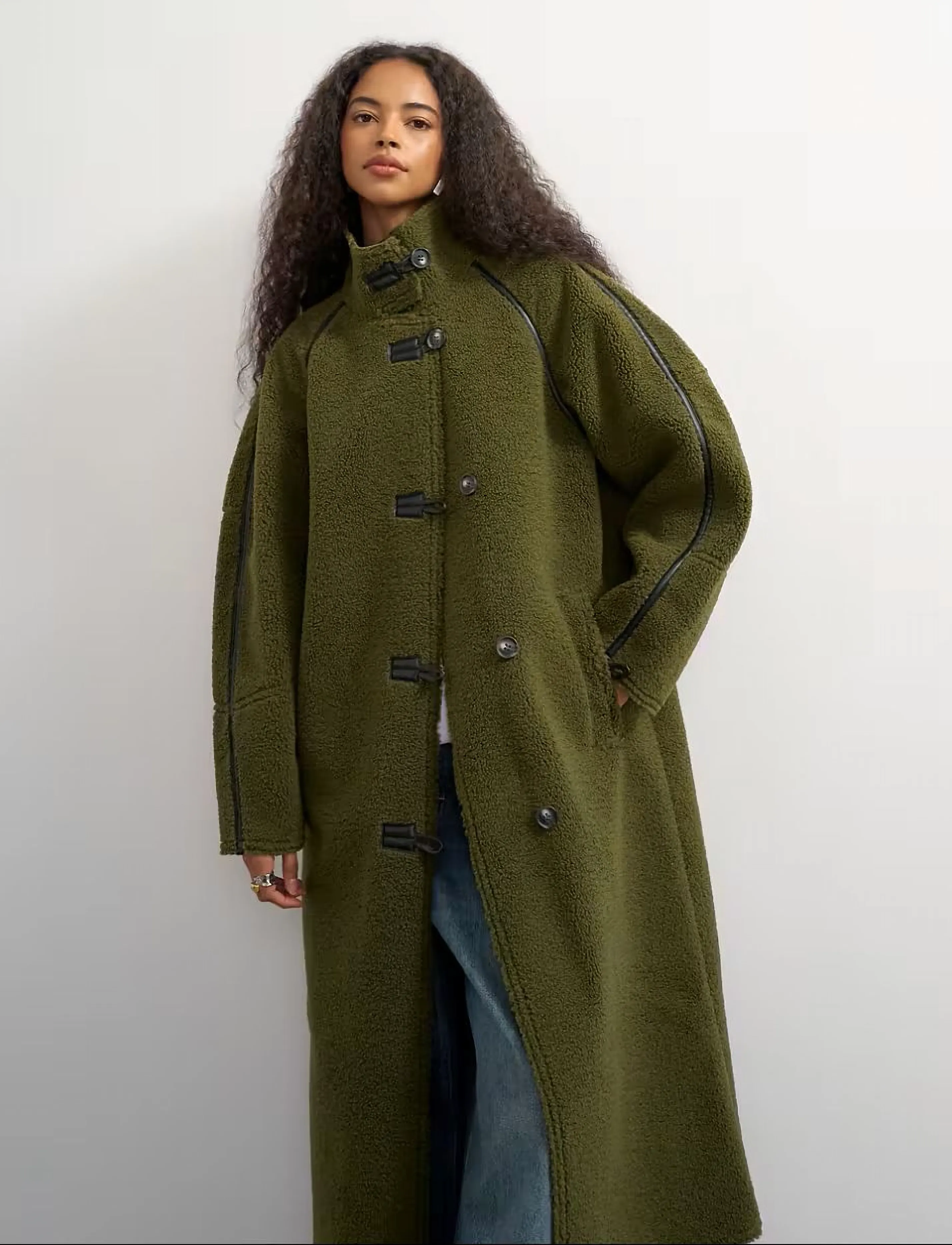 Topshop TSSELMA LONGLINE BORG COAT OTW - Coats - GREEN BEE / khaki/green