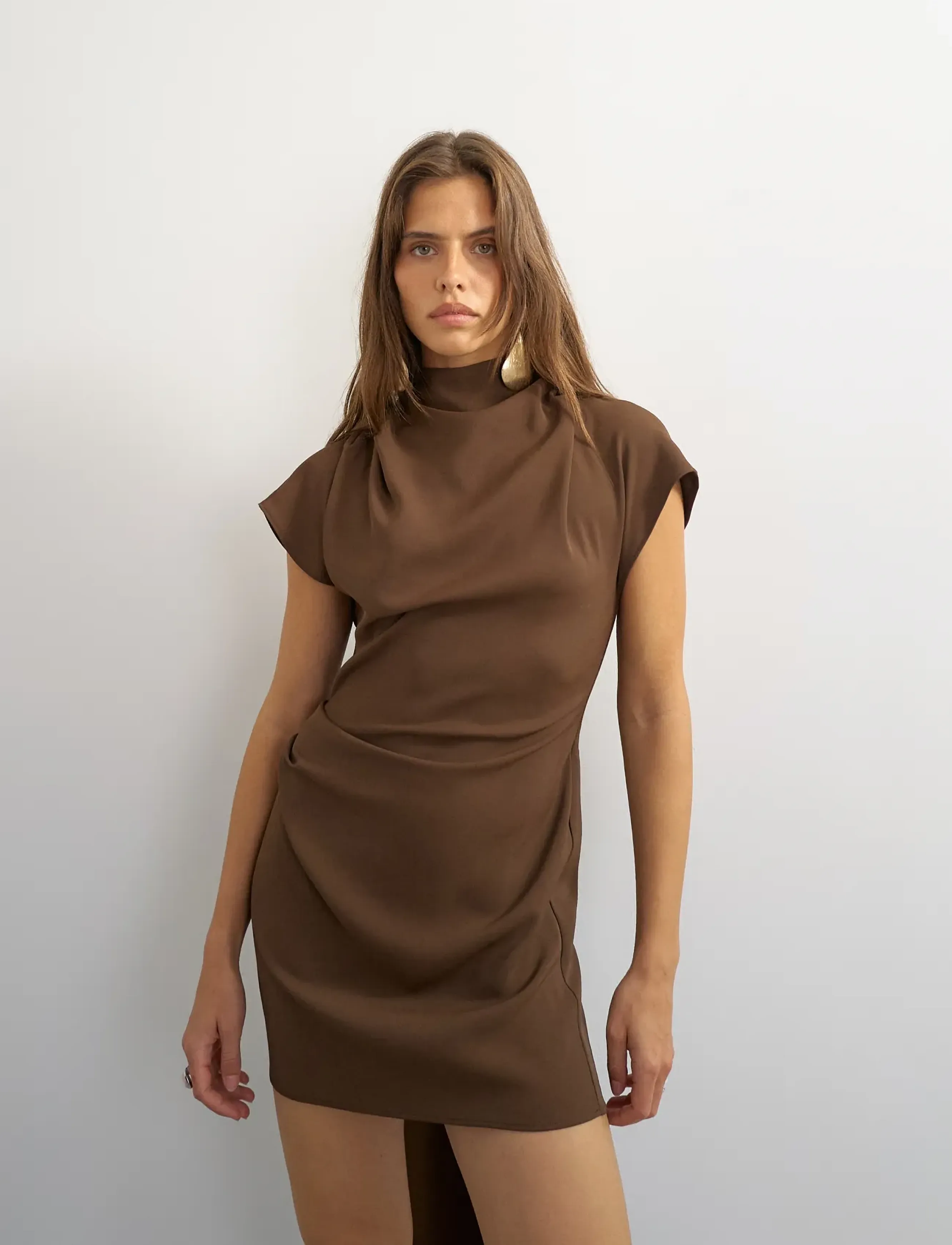Topshop - TSOLIVIA SCARF NECK MINI DRESS WVN - chocolate brown - 5