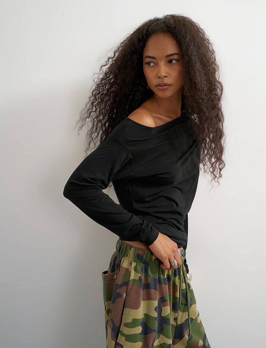 Topshop - TSBOA OFF SHOULDER LS TOP JRS - langærmede toppe - jet black - 4