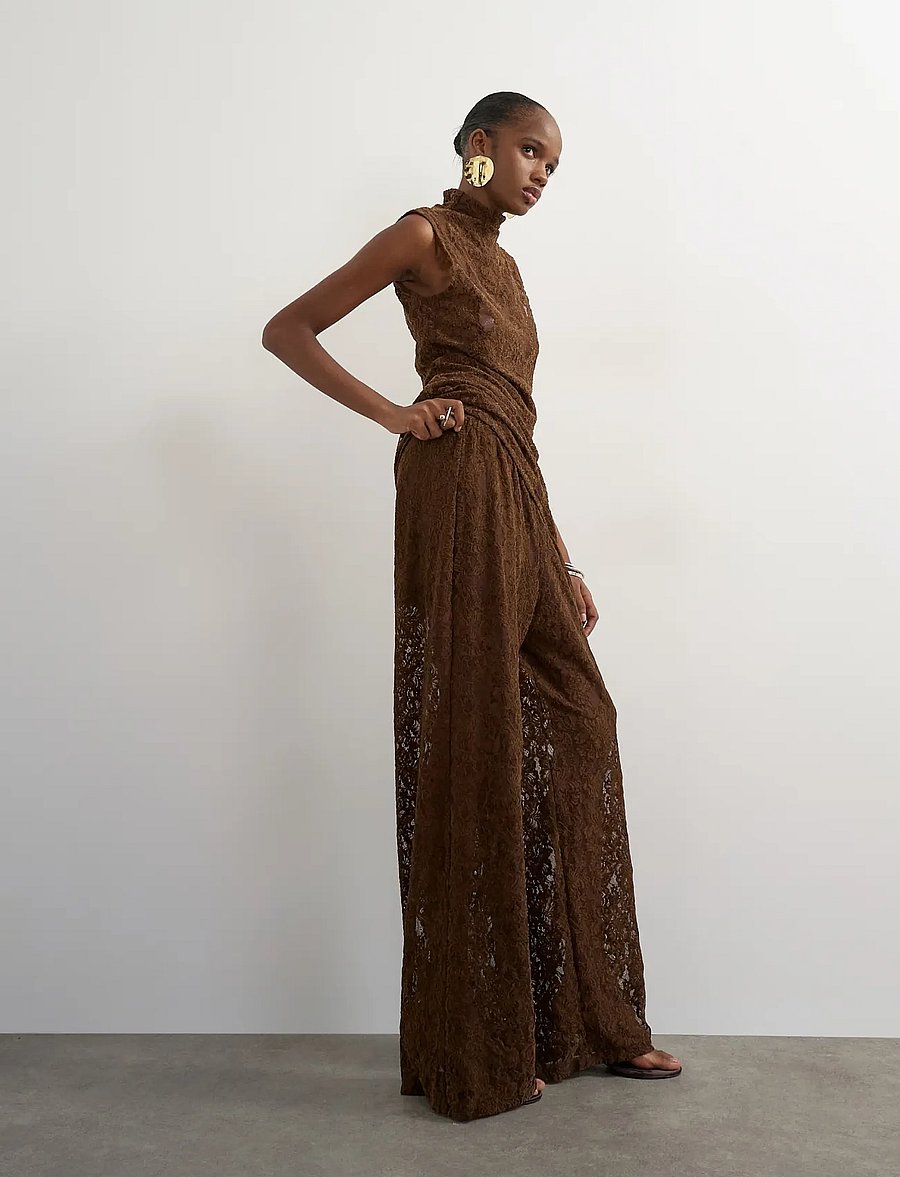 Topshop - TSCOCO LACE WIDE LEG TROUSERS JRS - chocolate brown - 0