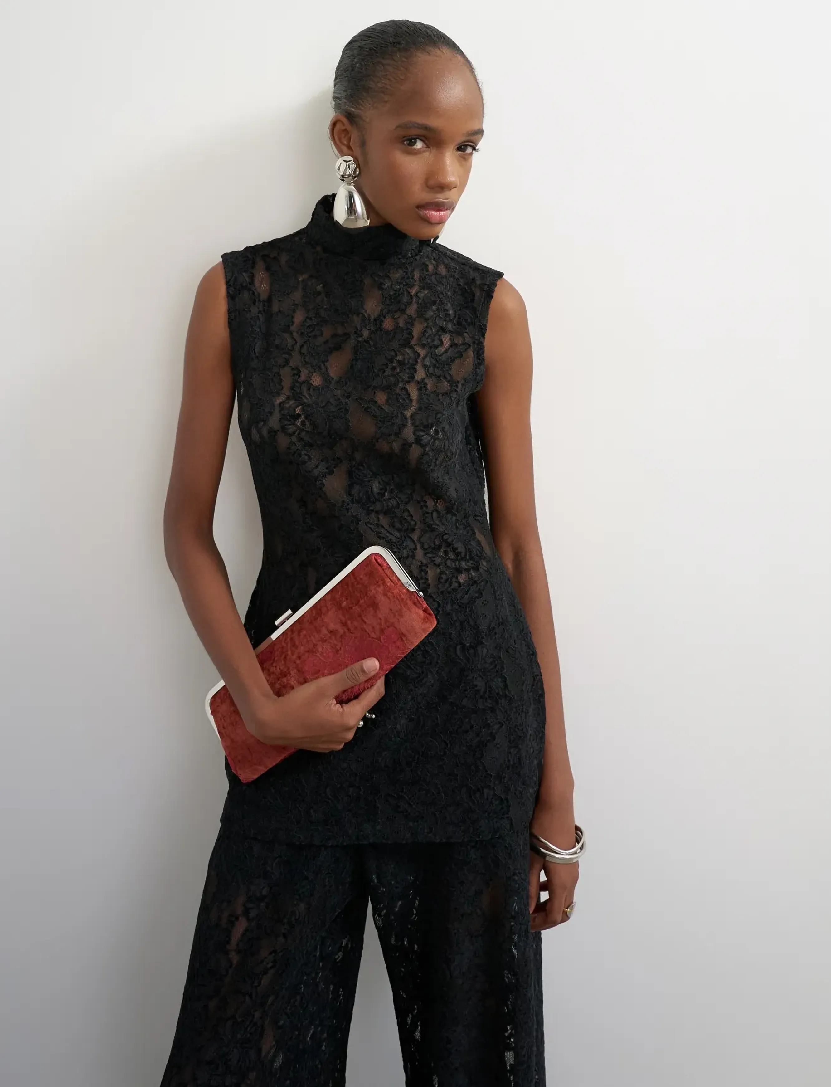 Topshop Tscoco Lace High Neck S/L Top Jrs, Damen, Spitze Stehkragen Ärmelloses Top, Schwarz, Gr.L