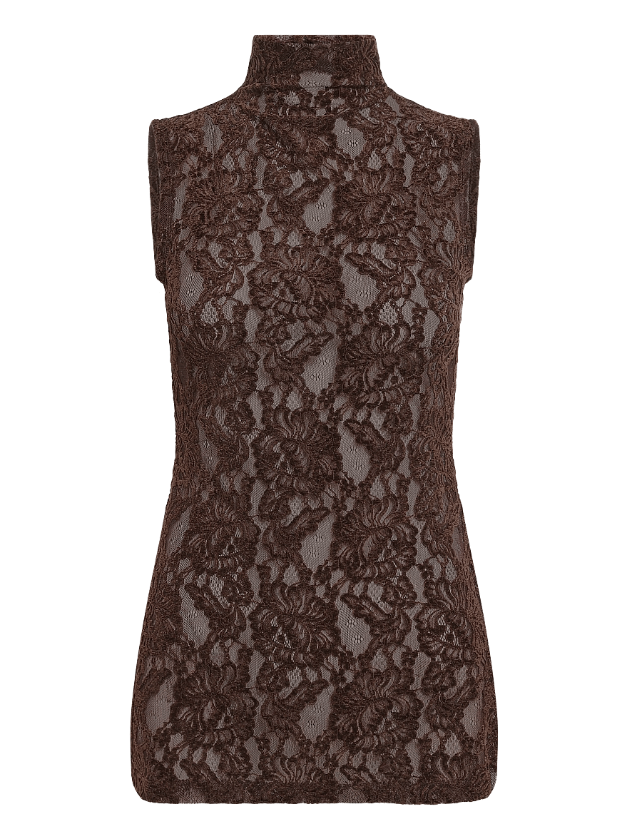 Topshop - TSCOCO LACE HIGH NECK S/L TOP JRS - varrukateta pluusid - chocolate brown - 1