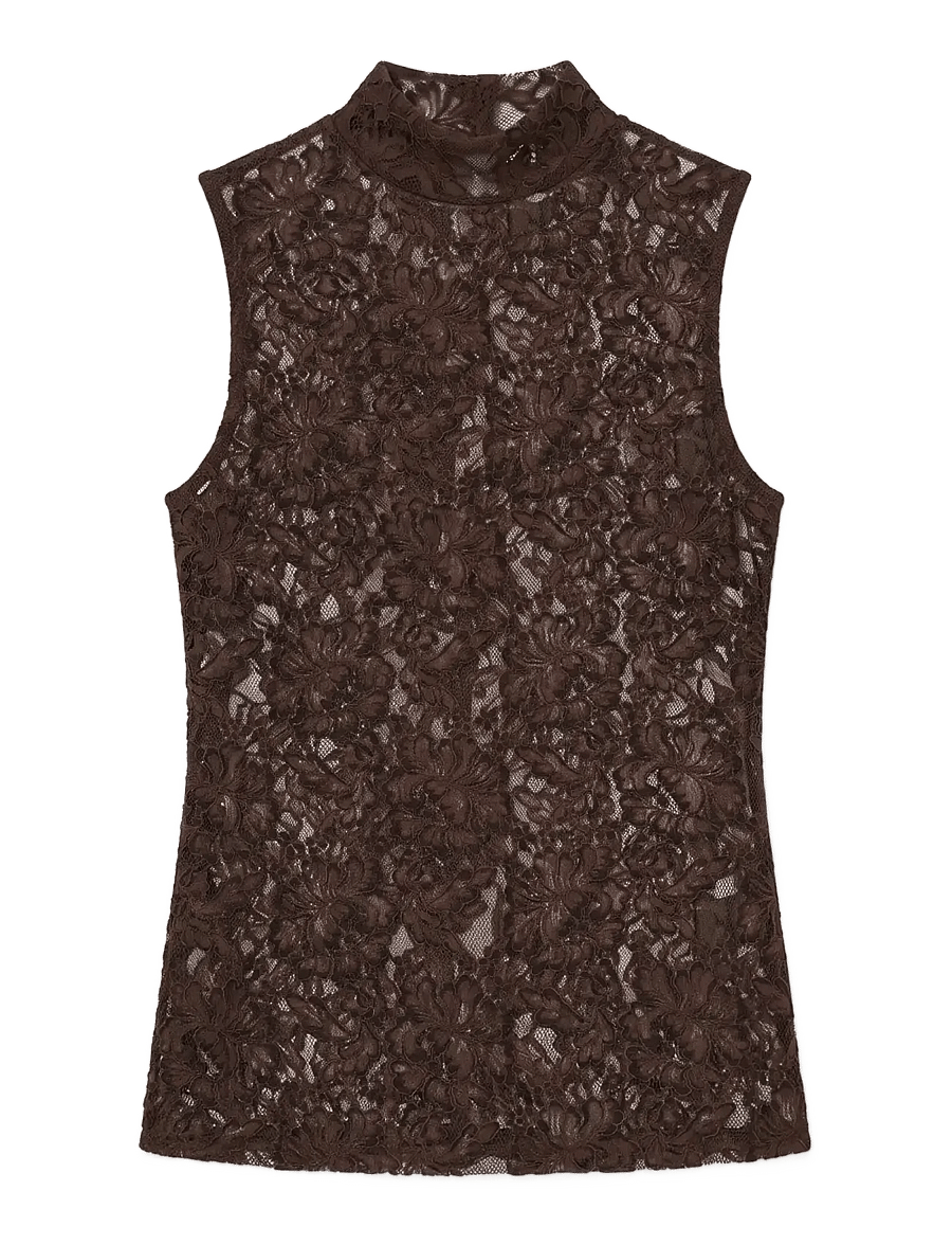 Topshop - TSCOCO LACE HIGH NECK S/L TOP JRS - sleeveless blouses - chocolate brown - 1