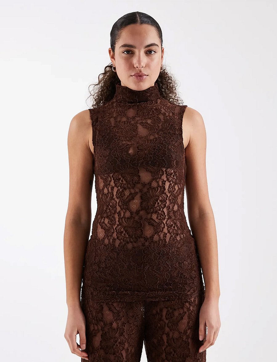 Topshop - TSCOCO LACE HIGH NECK S/L TOP JRS - sleeveless blouses - chocolate brown - 0