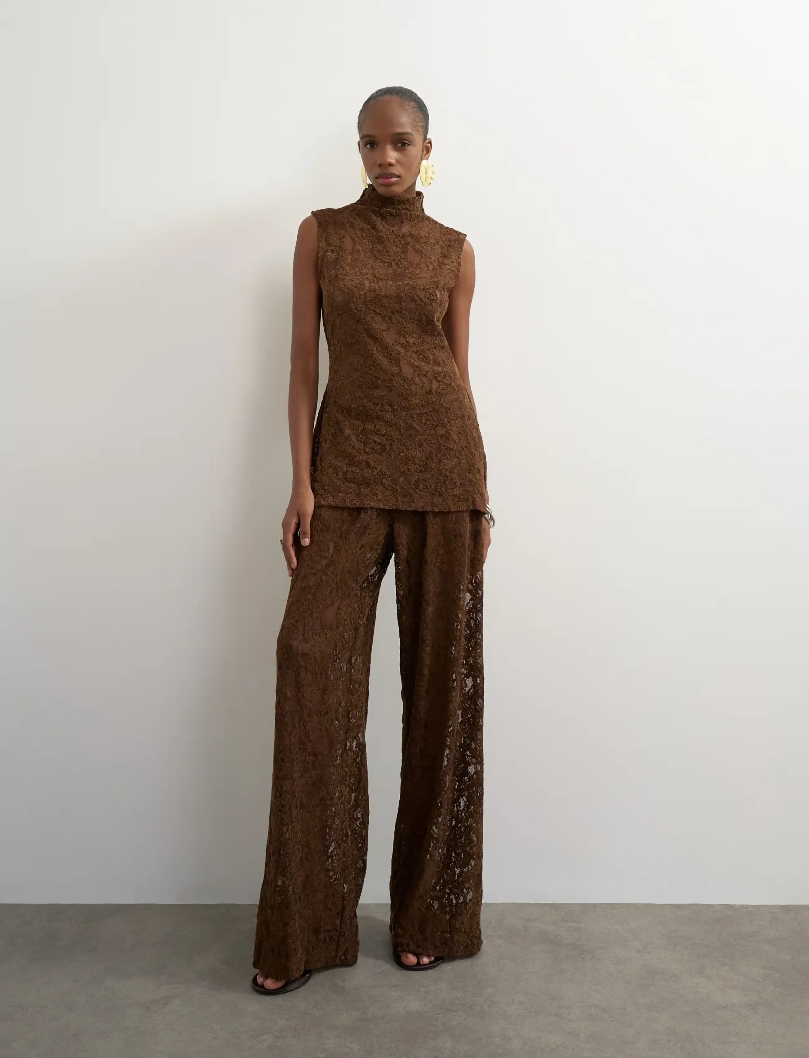 Topshop TSCOCO LACE HIGH NECK S/L TOP JRS - Topshop - CHOCOLATE BROWN / brown