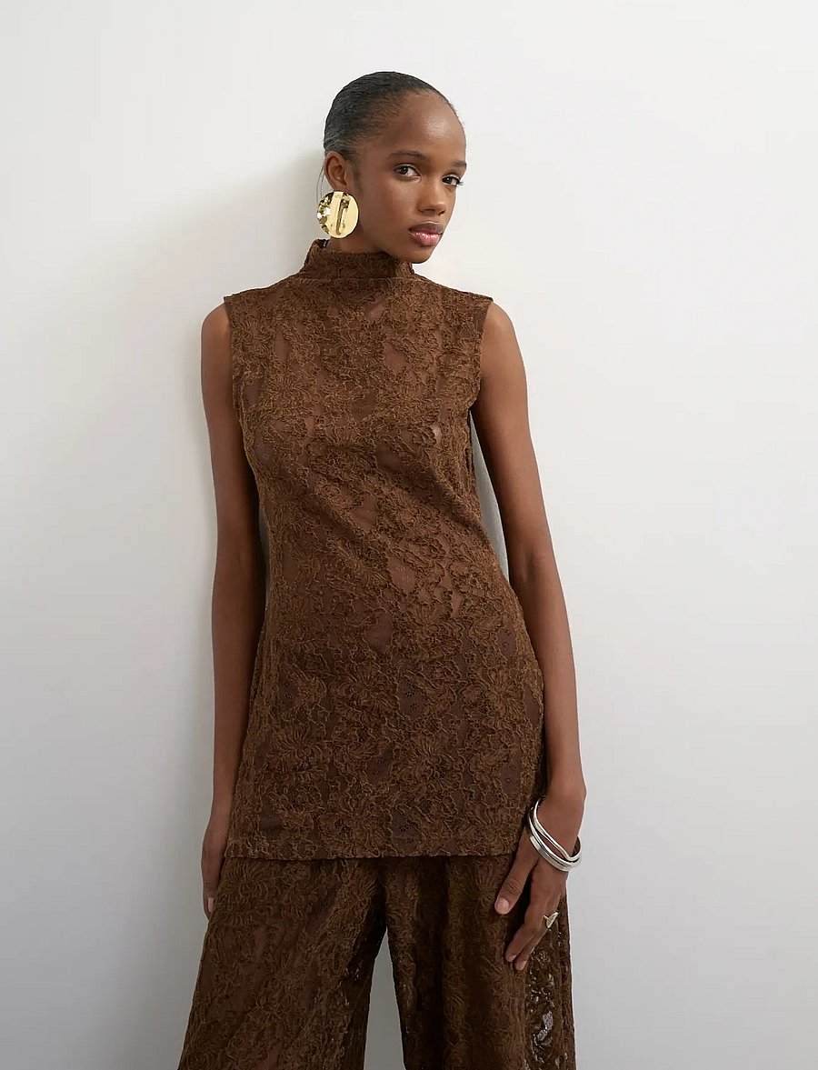 Topshop - TSCOCO LACE HIGH NECK S/L TOP JRS - varrukateta pluusid - chocolate brown - 3