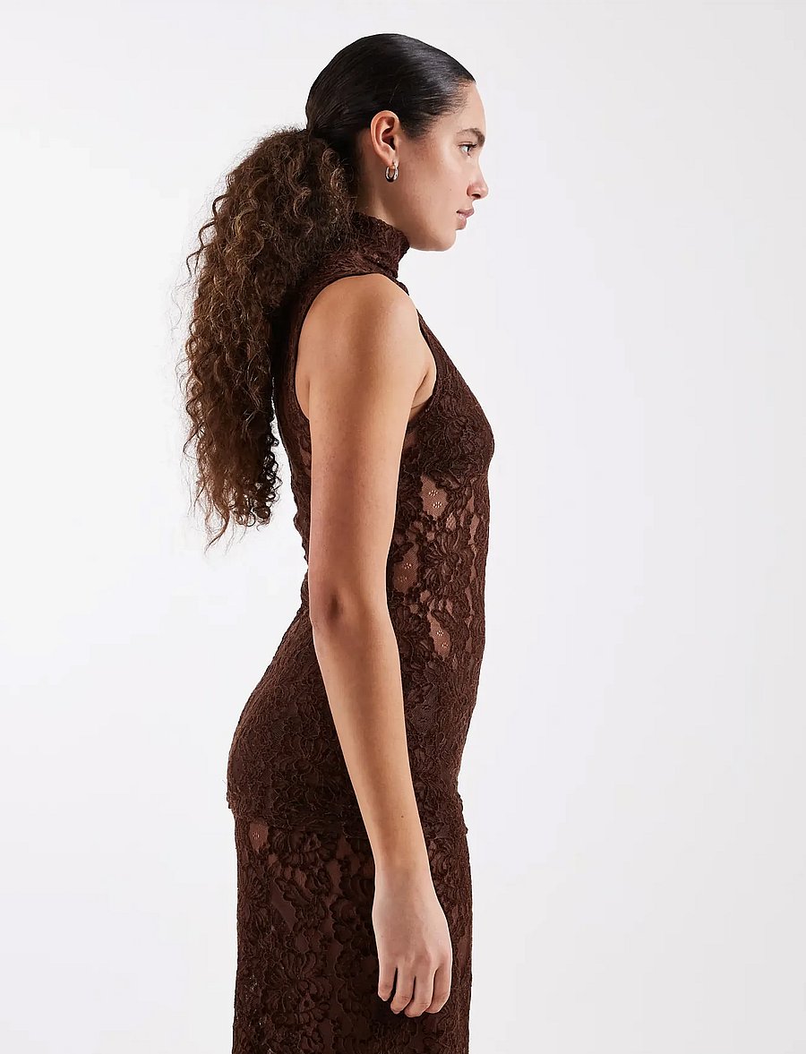 Topshop - TSCOCO LACE HIGH NECK S/L TOP JRS - sleeveless blouses - chocolate brown - 3