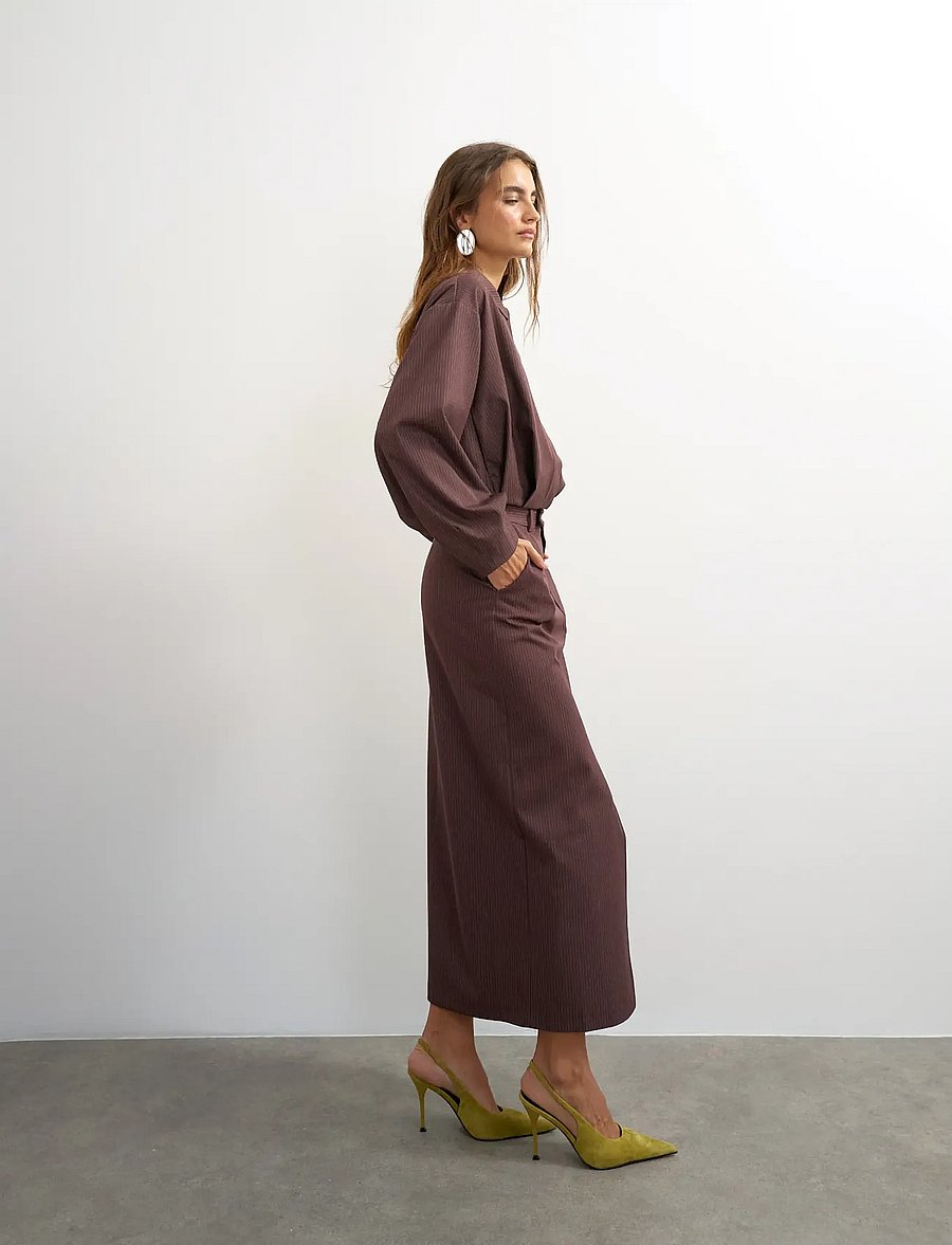 Topshop - TSARIL PINSTRIPE PENCIL MIDI SKIRT WVN - midiseelikud - chocolate brown - 0