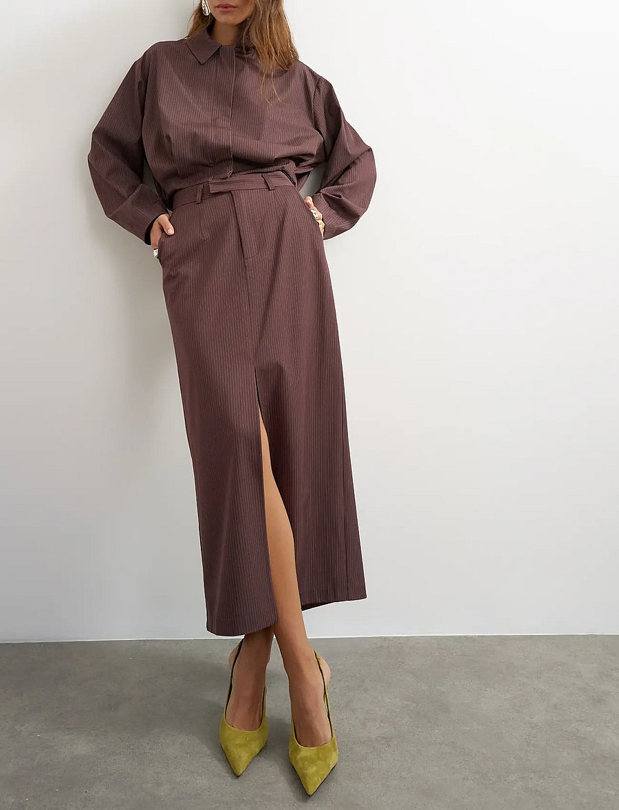 Topshop - TSARIL PINSTRIPE PENCIL MIDI SKIRT WVN - midiseelikud - chocolate brown - 5
