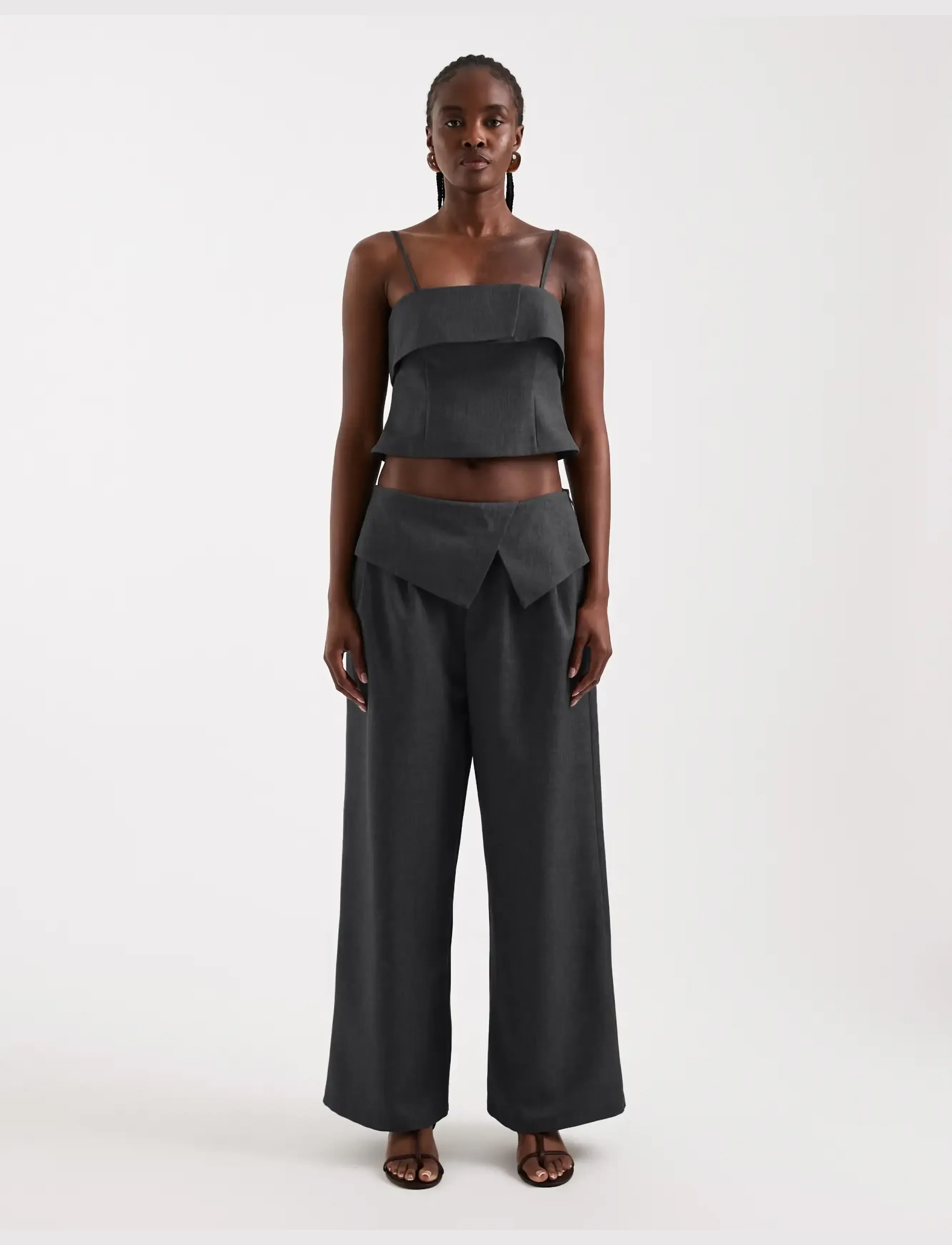 Topshop TSARWA WIDE LEG FOLD OVER TROUSER - Jung - JET BLACK / black