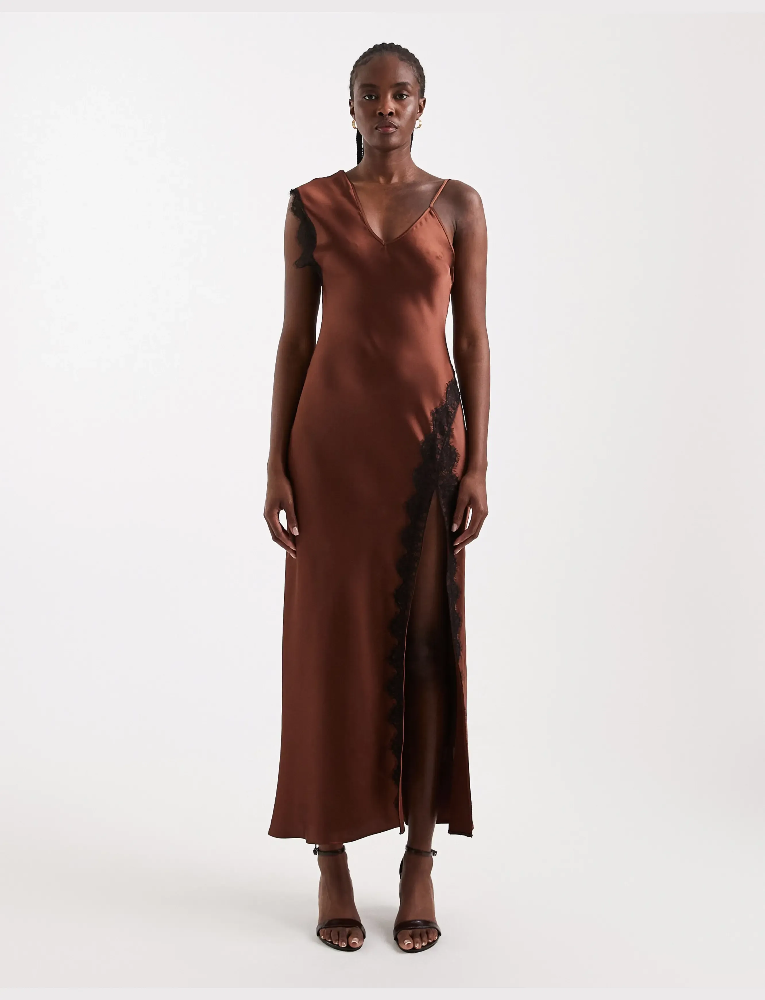 Topshop TSCLARI ONE SHOULDER LACE TRIM DRESS WVN - Kleider - RUST / brown