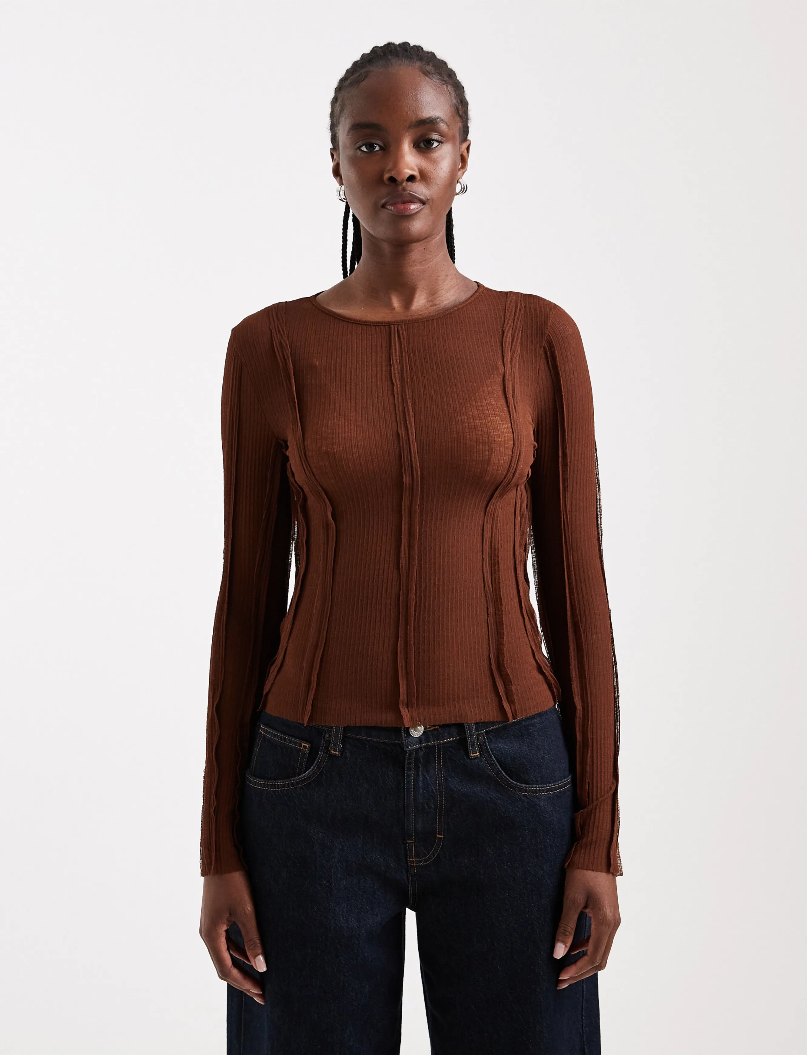 Topshop - TSBELMA L/S O-NECK SHEER TOP JRS - rust - 0