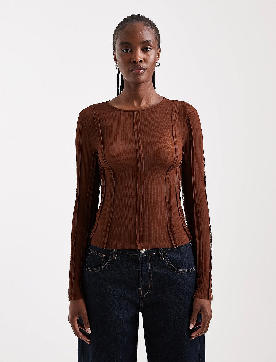 Topshop - TSBELMA L/S O-NECK SHEER TOP JRS - pikkade varrukatega topid - rust - 0