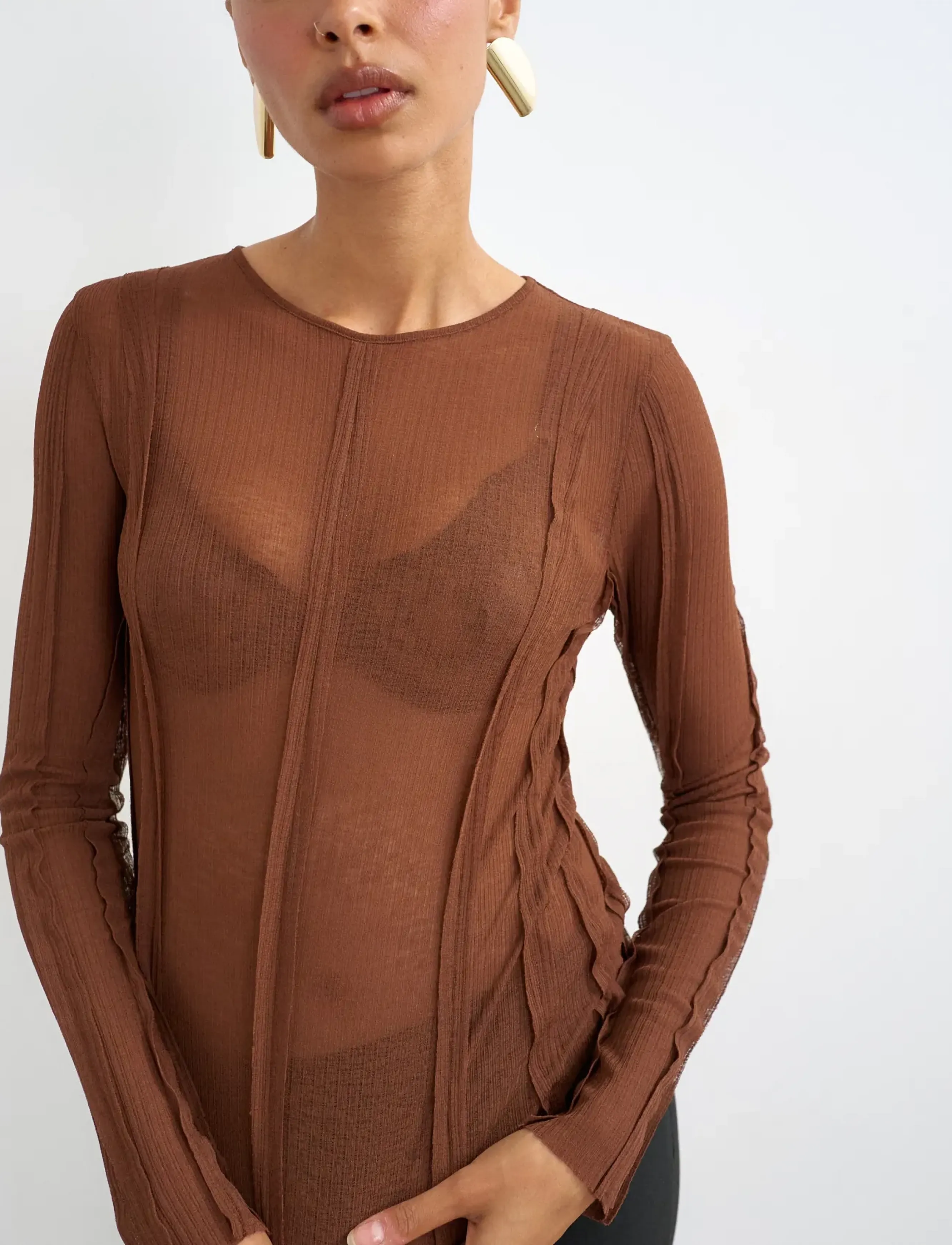 Topshop - TSBELMA L/S O-NECK SHEER TOP JRS - topy z długimi rękawami - rust - 5