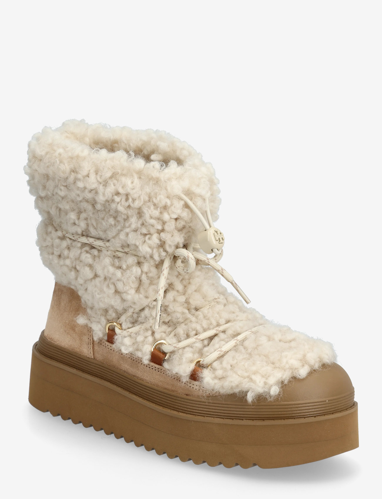 Tory Burch - MELLOW SHEARLING LACE UP BOOT - ankelstøvler - buttermilk , light chestnut - 0