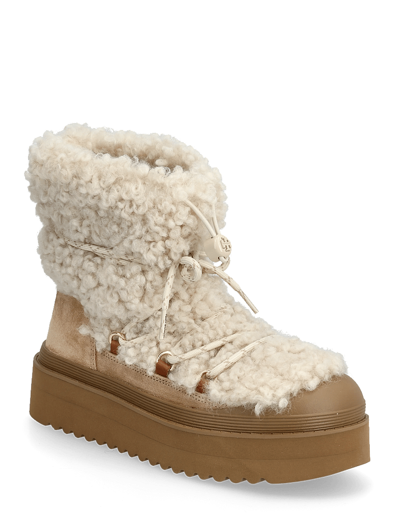 Tory Burch - MELLOW SHEARLING LACE UP BOOT - ankelstøvler - buttermilk , light chestnut - 0