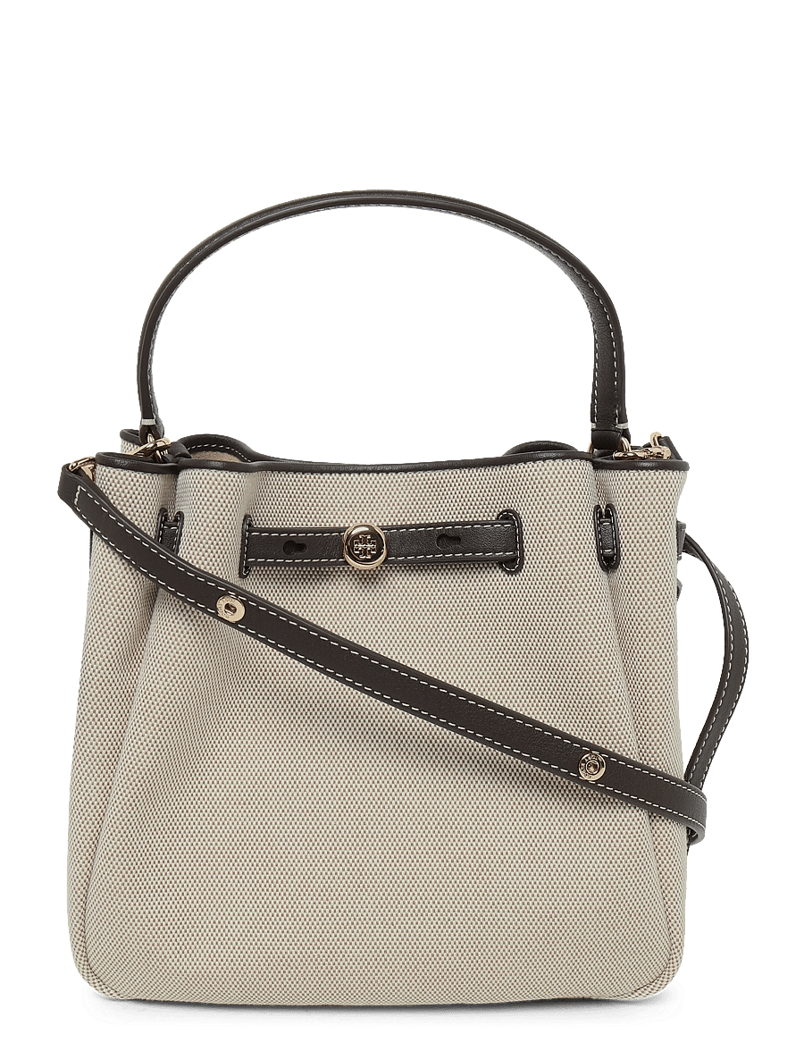 Tory Burch - Romy Canvas Bucket Bag - top handle tasker - dusty almond/ bianco white - 0