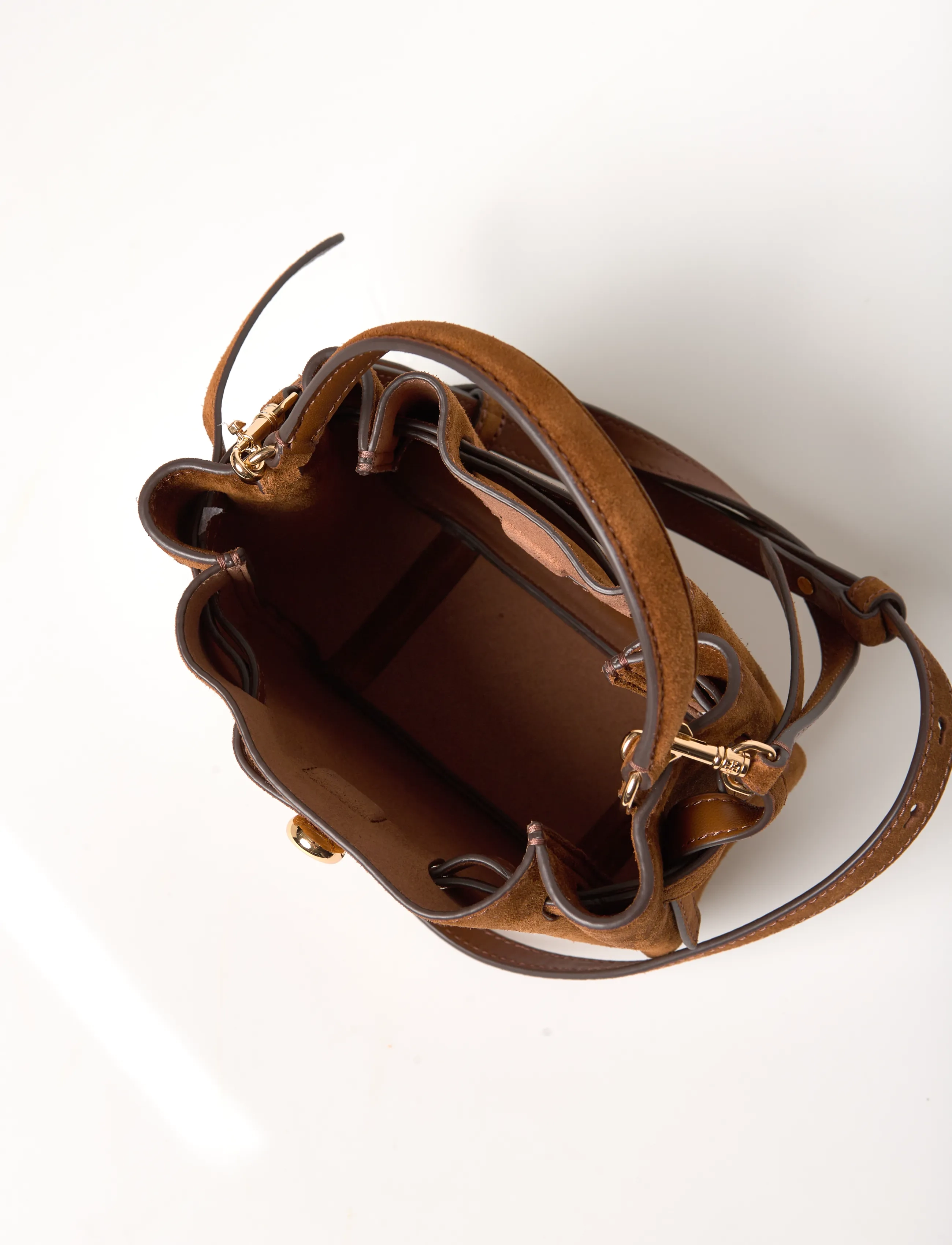 Tory Burch - Romy Suede Mini Bucket Bag - top handle tasker - caramel - 5