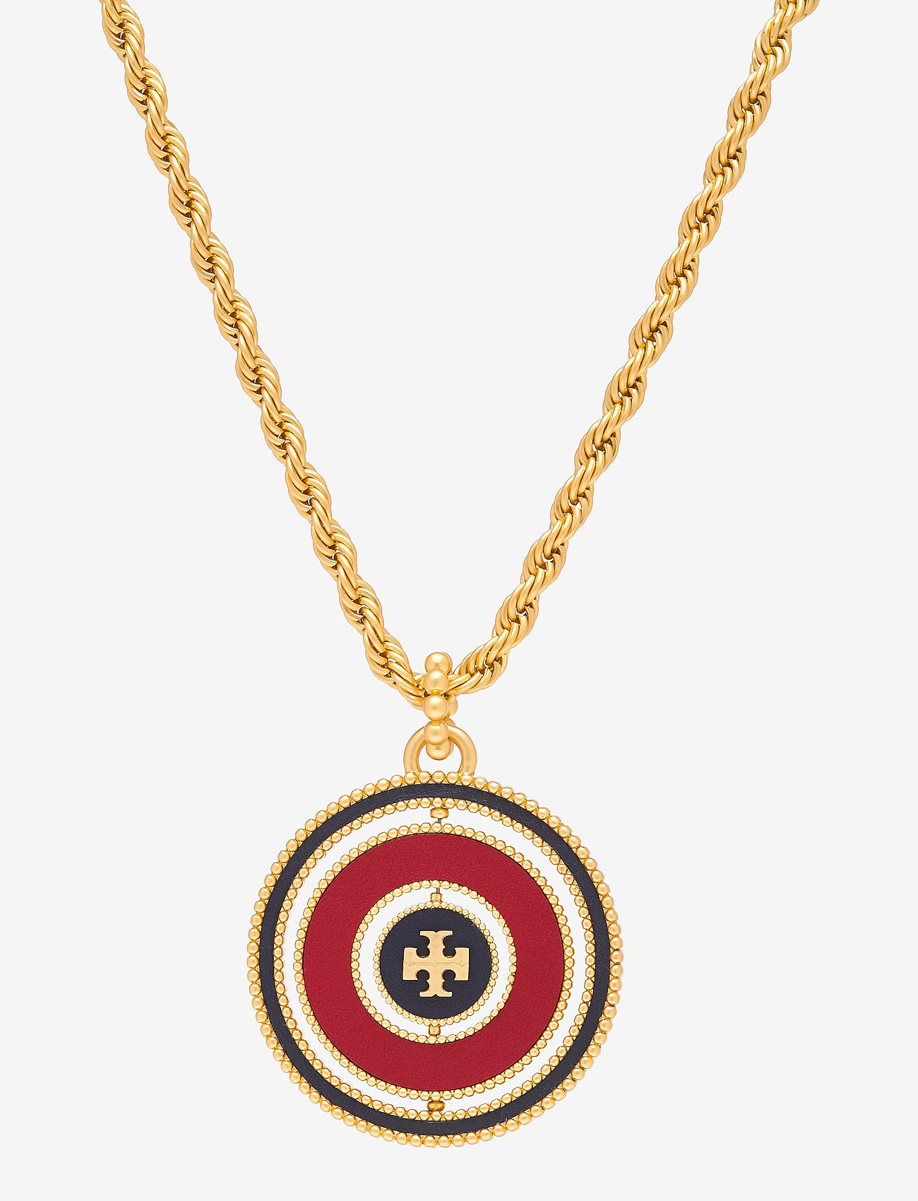 Tory Burch - MILGRAIN LOGO SPINNER NECKLACE - rolled brass / royal navy / redstone - 0