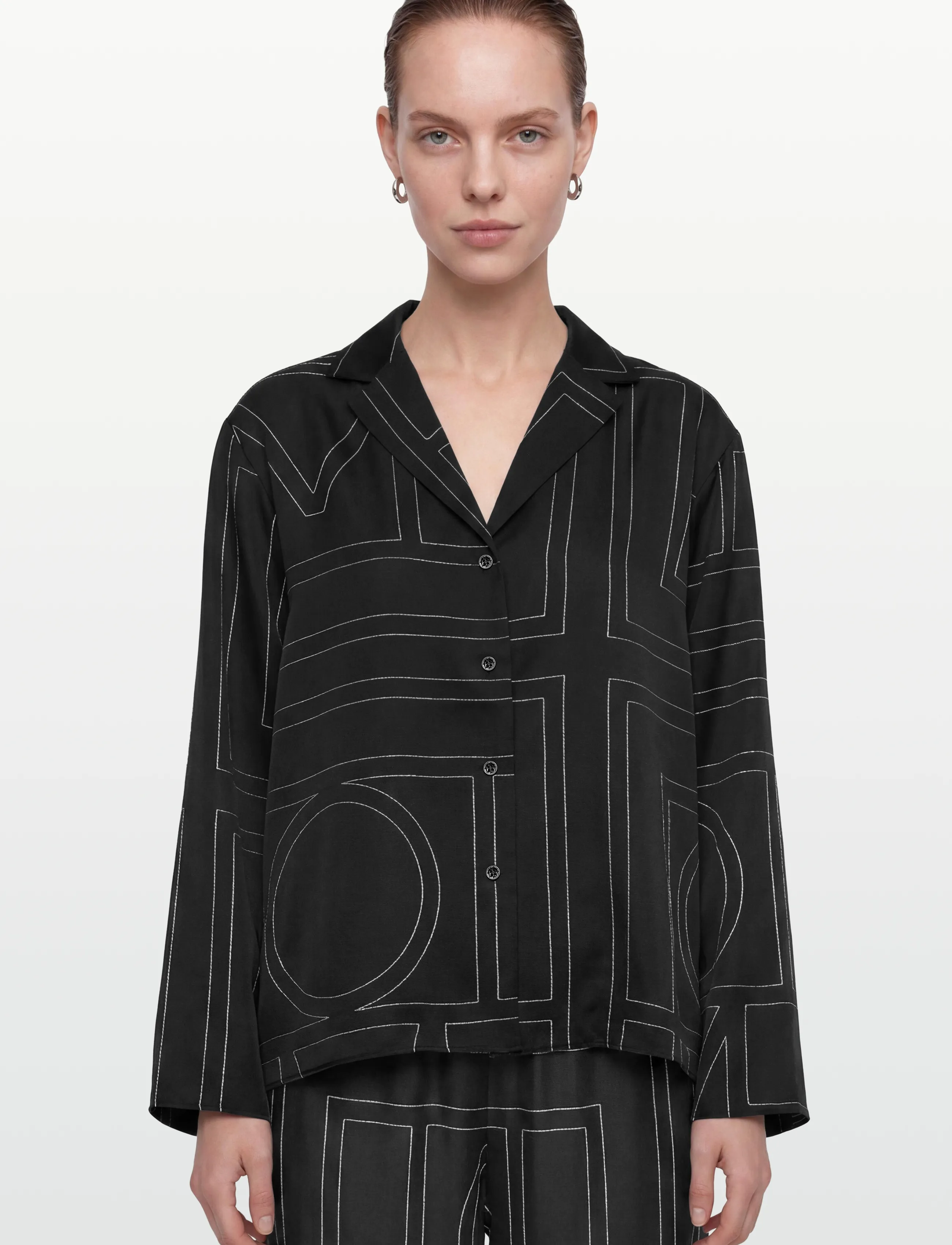 TOTEME - Silk Monogram Pajama Shirt - long-sleeved shirts - black - 3