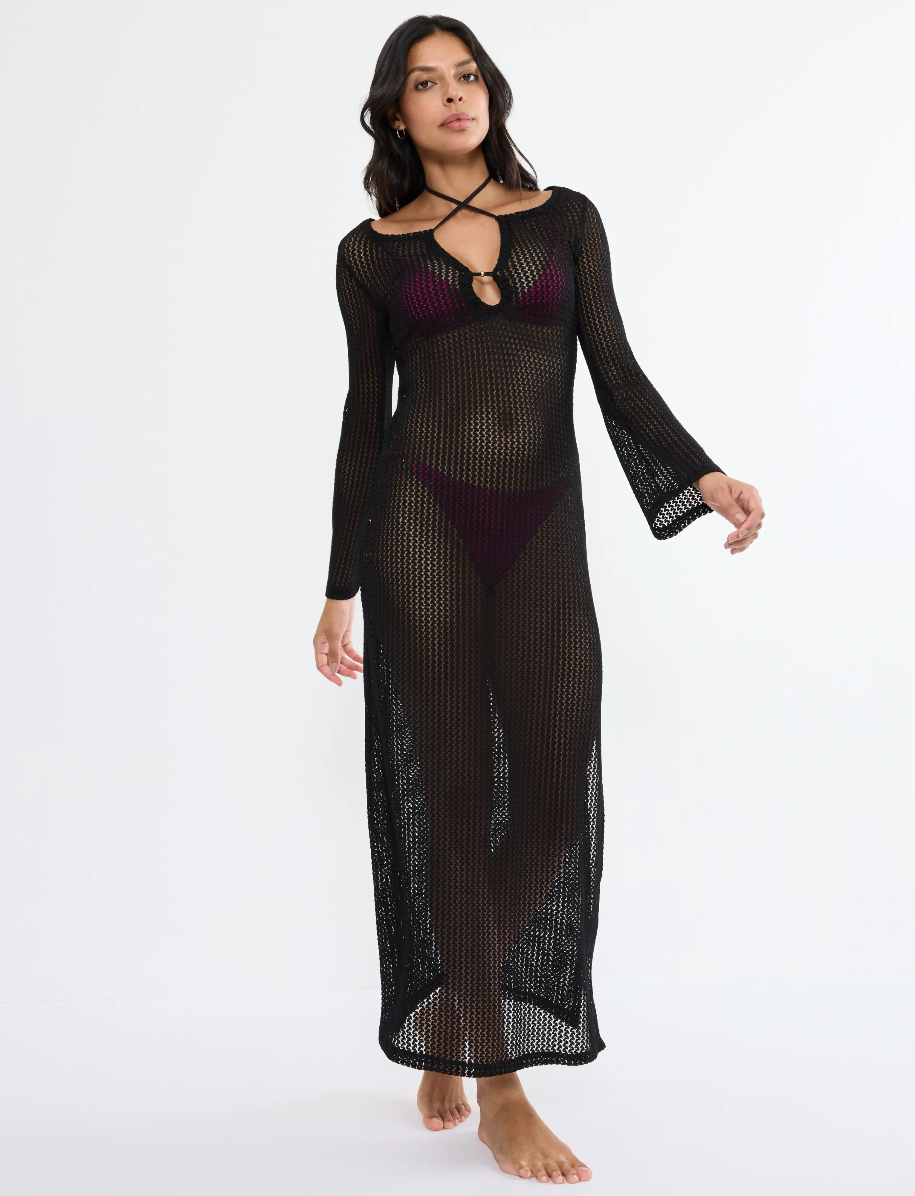 Triumph Beach MyWear Crochet Long Dress LSL - Kleider - BLACK / black