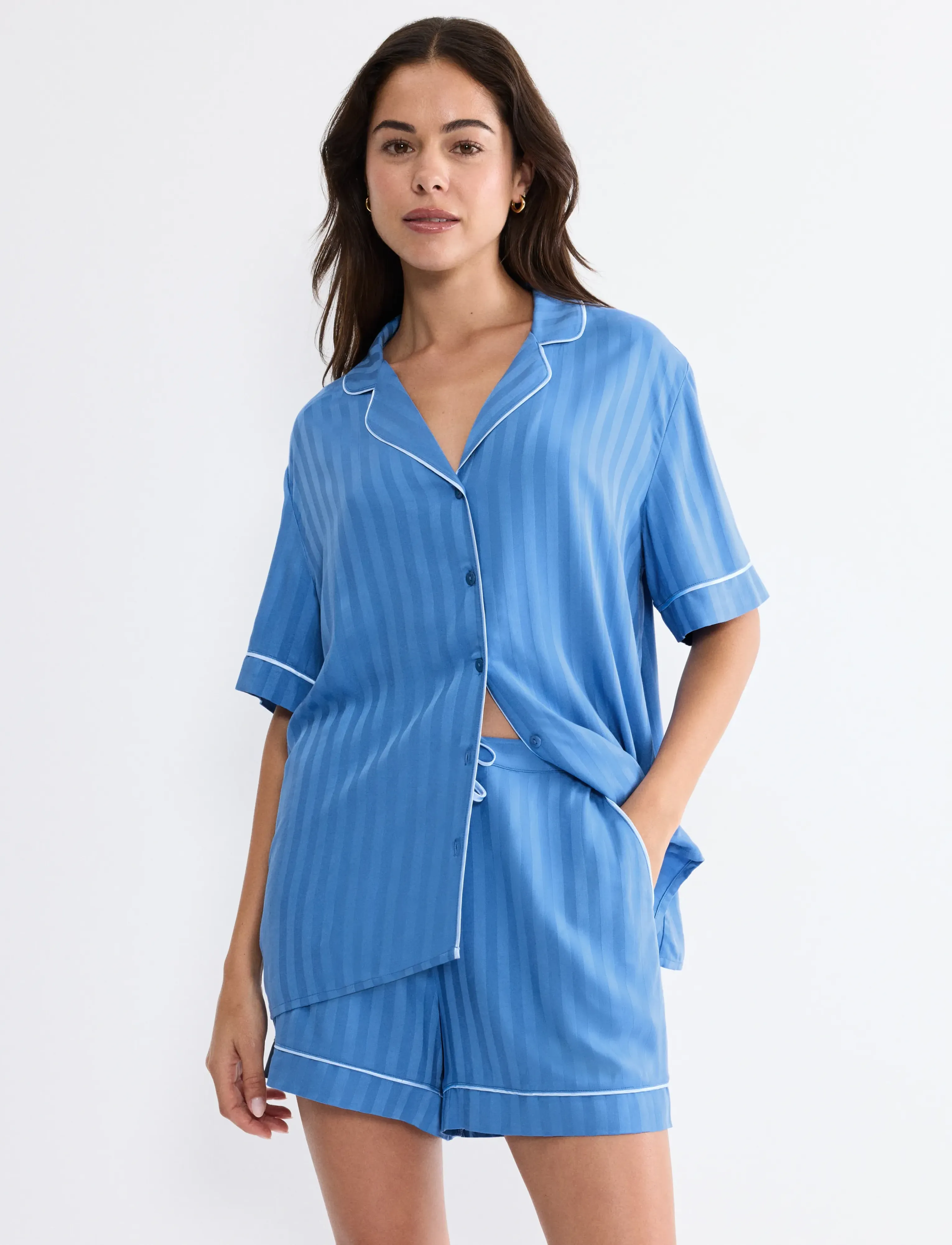 Triumph Amourette Jacquard Boyfriend Shirt, Kvinder, Kortærmet Stribet Boyfriend Skjorte, Blå, Str: 46
