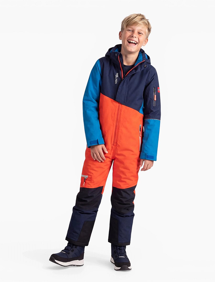 TrollKids - Kids Hallingdal Snowsuit - flame orange/medium blue/navy - 0