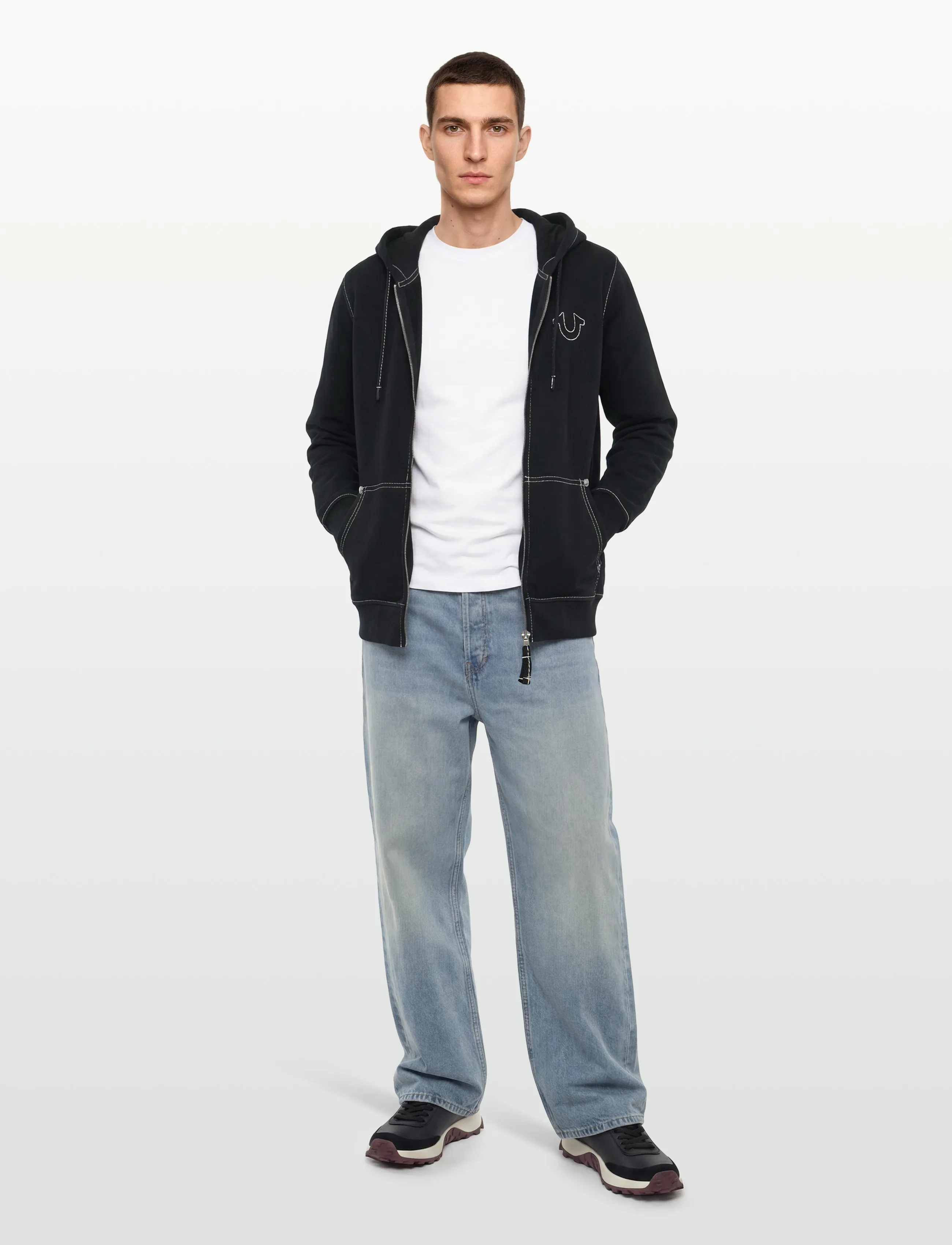True Religion Big T Zip Up Hoodie, M, Sweatshirts & Hoodies, Schwarz - Männerswear
