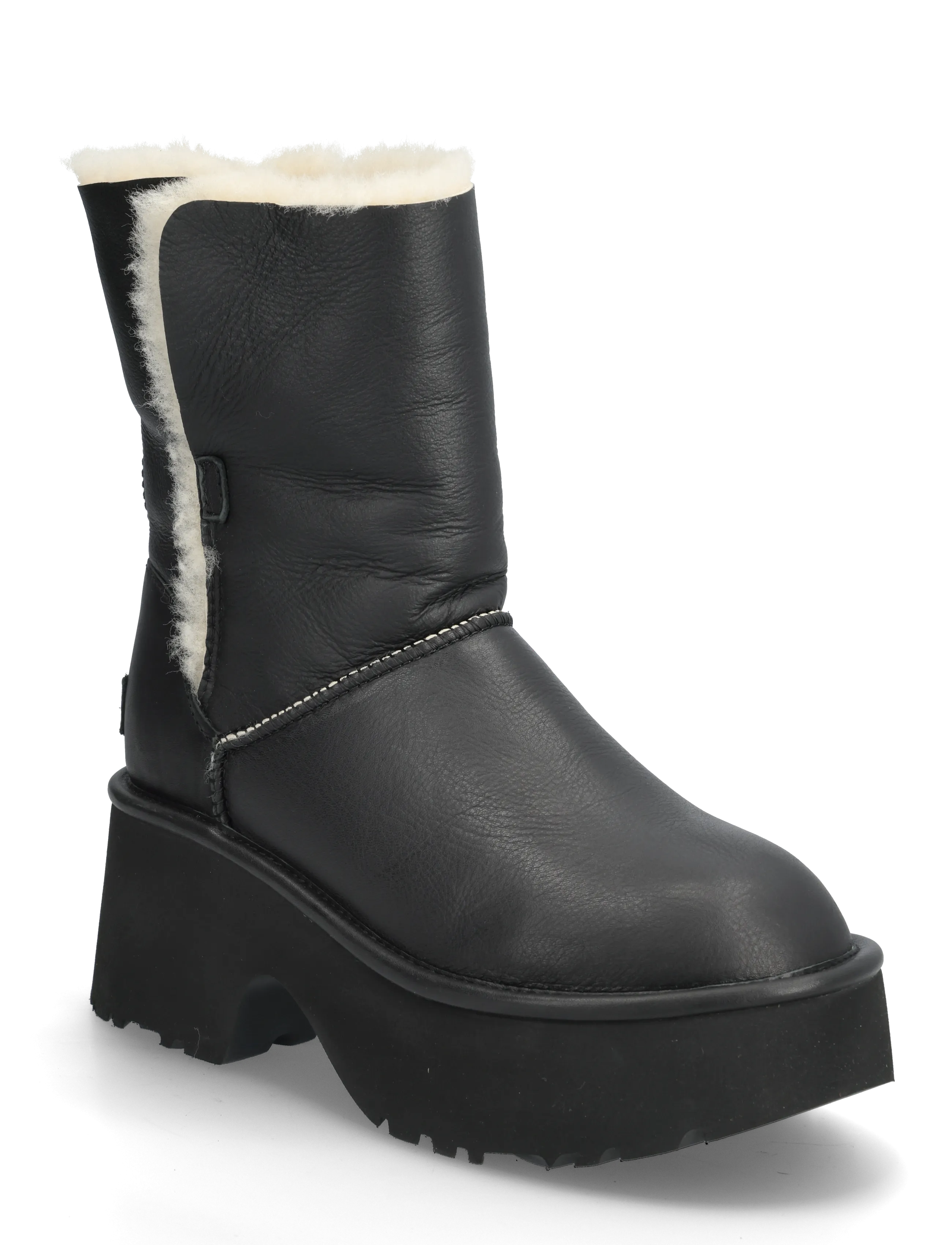 UGG W New Heights Cuff Lthr, Kvinder, Platform Pelsforet Støvle, Sort, Str: 36