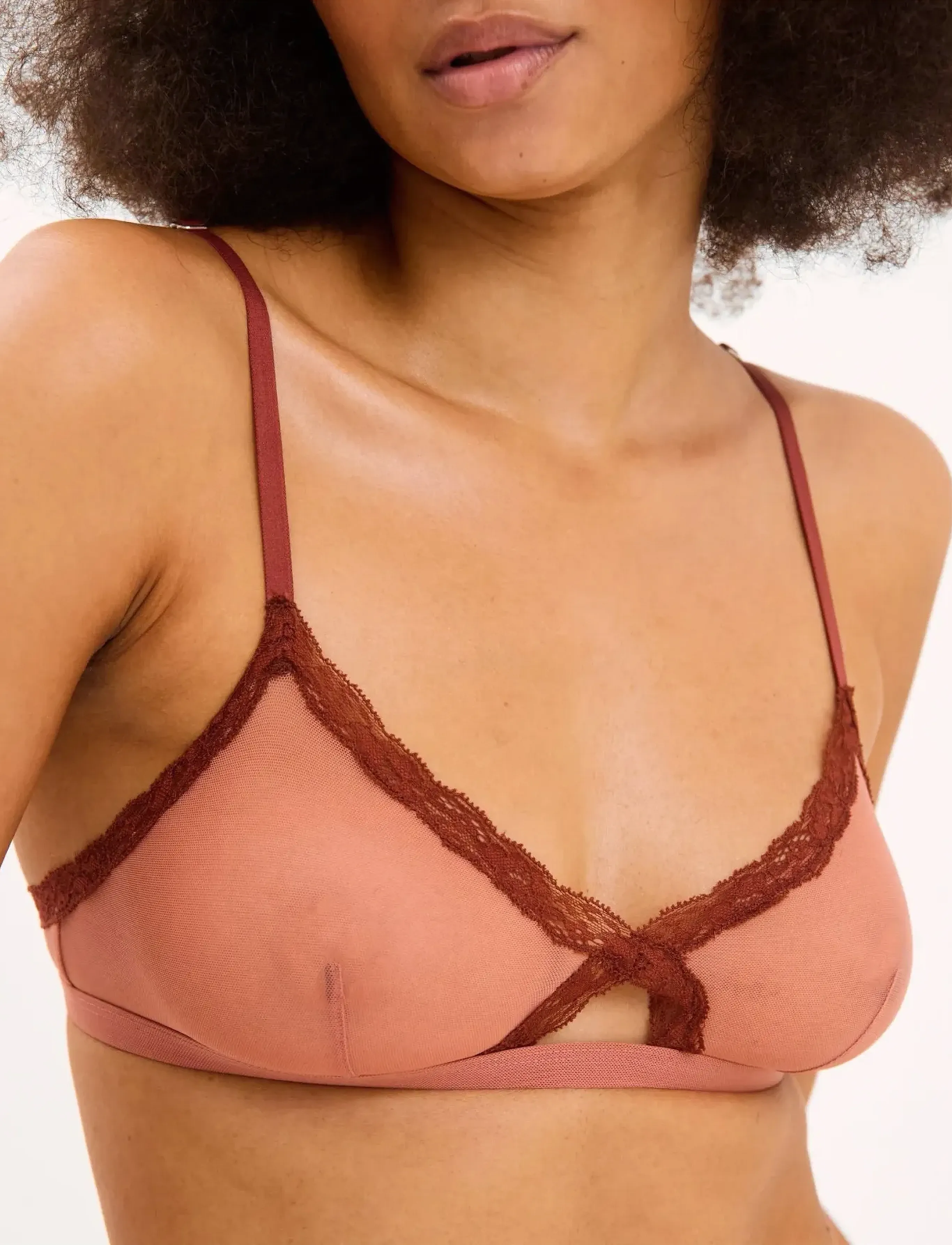 Understatement Underwear Mesh Lace Trim Triangle Bralette - Understatement Underwear - BLUSH / pink/rose