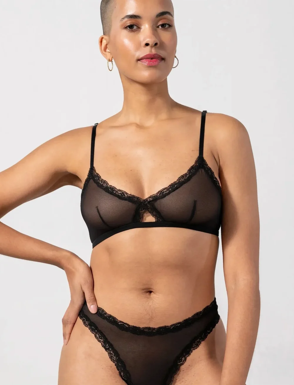 Understatement Underwear - Mesh Lace Trim Triangle Bralette - bralette - black - 0