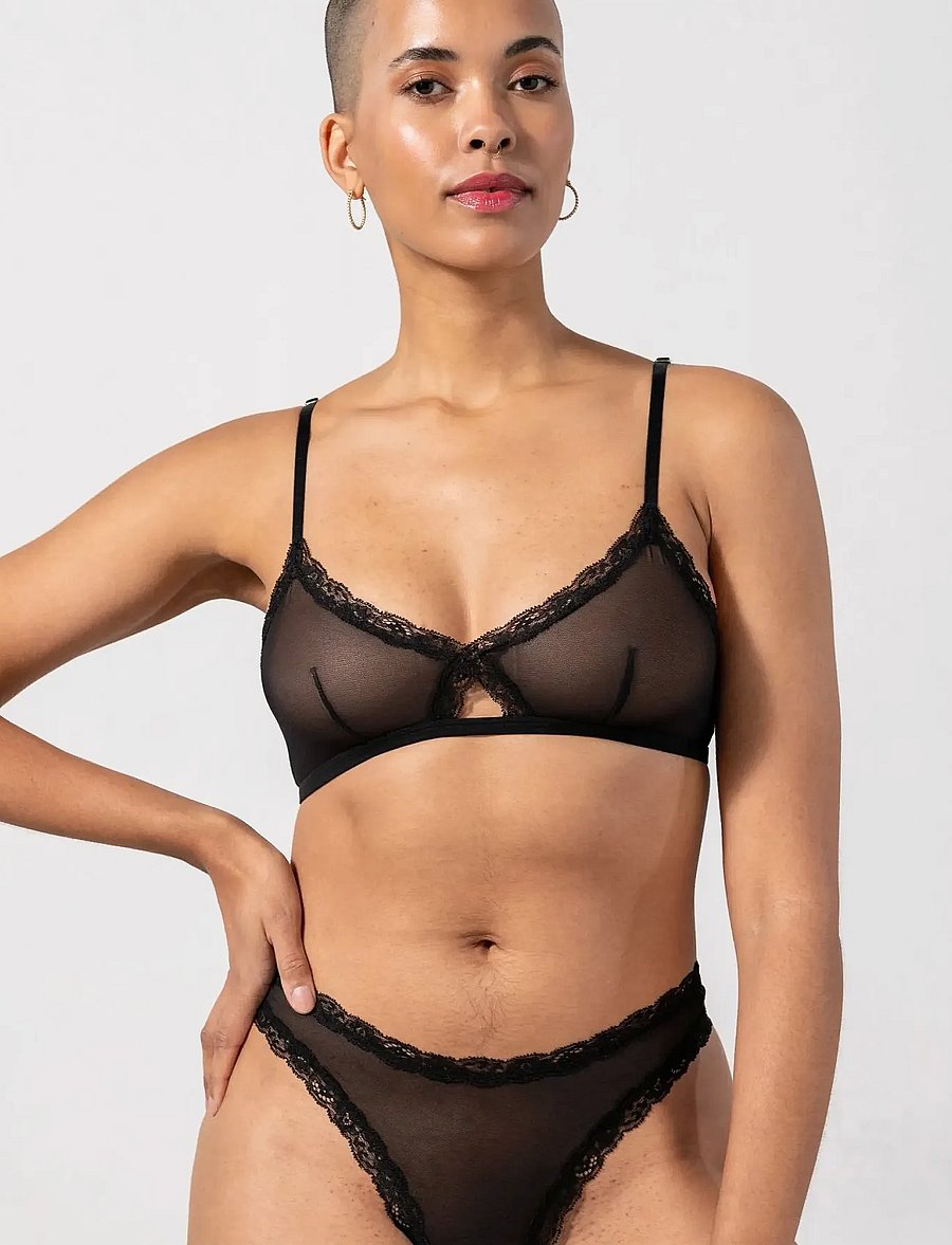Understatement Underwear - Mesh Lace Trim Triangle Bralette - braletė - black - 0