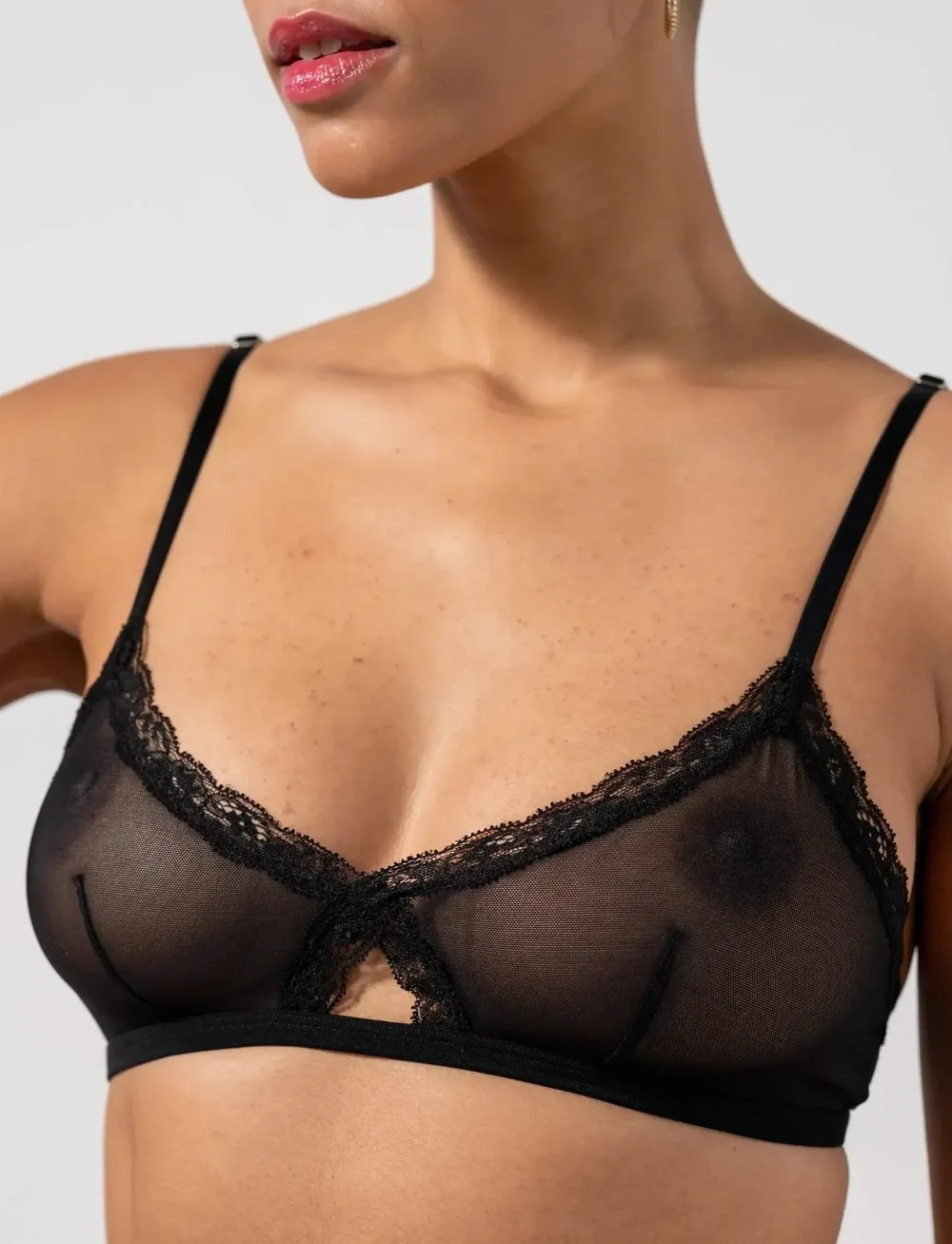 Understatement Underwear - Mesh Lace Trim Triangle Bralette - bralette - black - 4