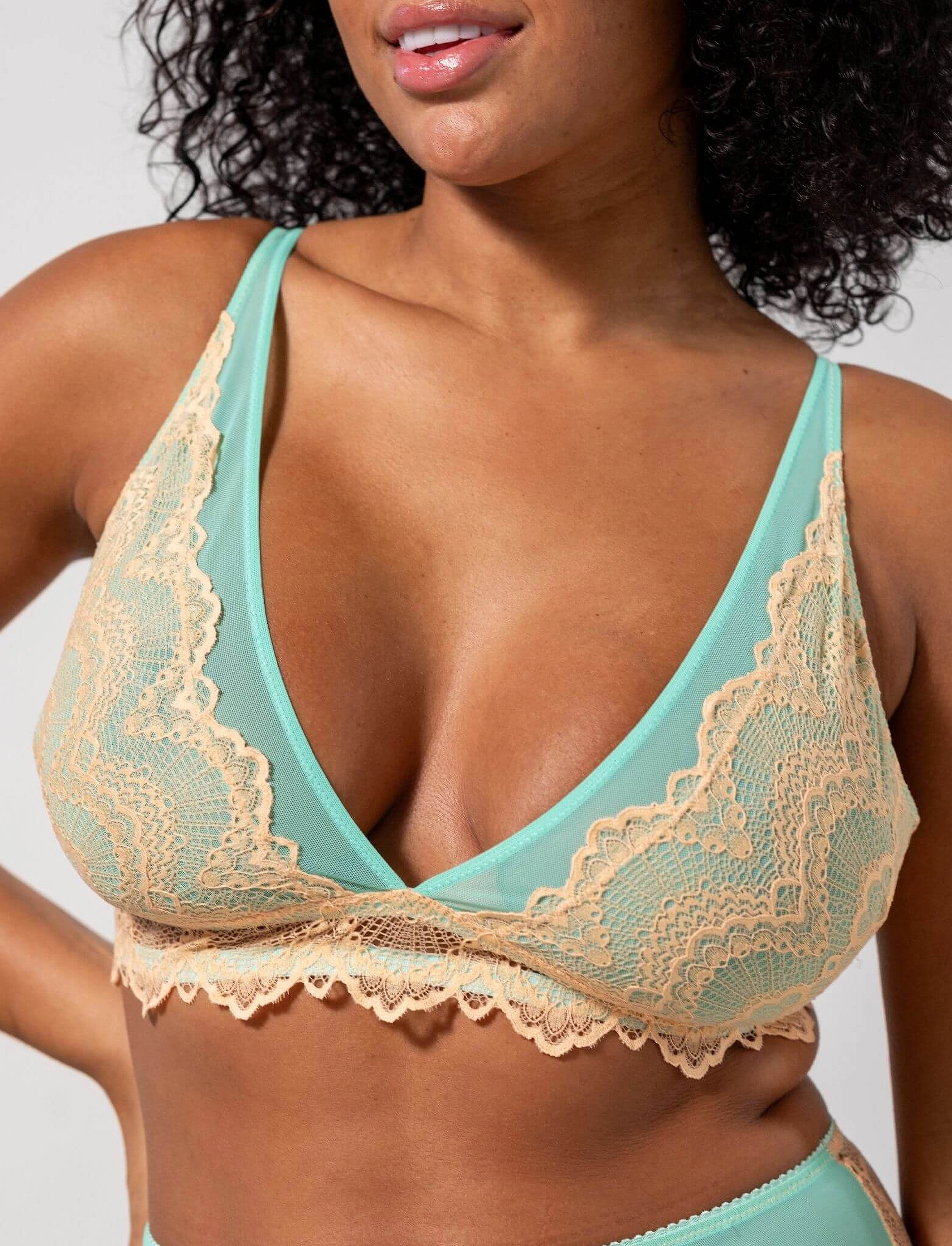 Understatement Underwear Lace Mesh Plunge Bralette - Understatement Underwear - PEACH/TURQUOISE / blue