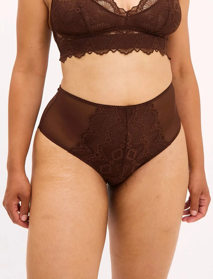 Understatement Underwear - Lace Mesh Highwaist Briefs - midi & maxi trusser - coffee - 3