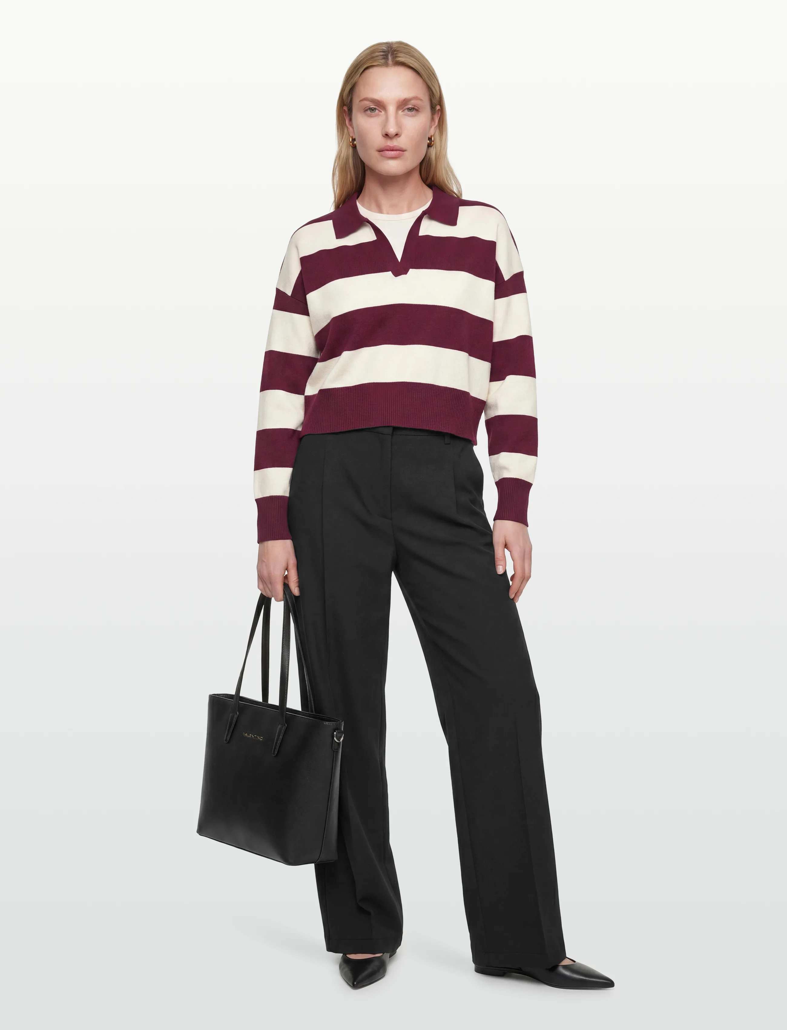 United Colors of Benetton L/S Polo Shirt, Kvinder, Langærmet Stribet Strik Polo Shirt, Bordeaux, Str: S
