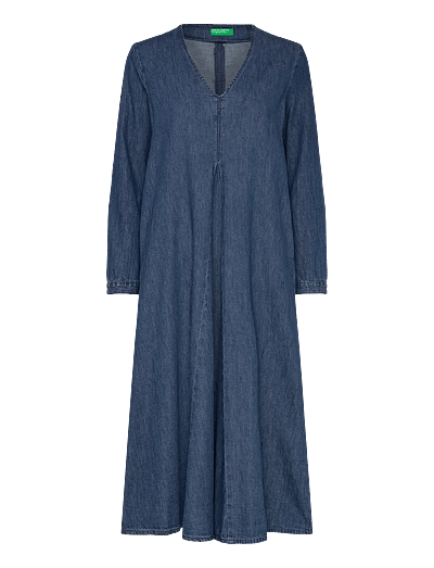 benetton denim dress BENETTON Blue Ruffle Long Sleeves Dropwaist Chambray Lycocell Denim Midi Dress M