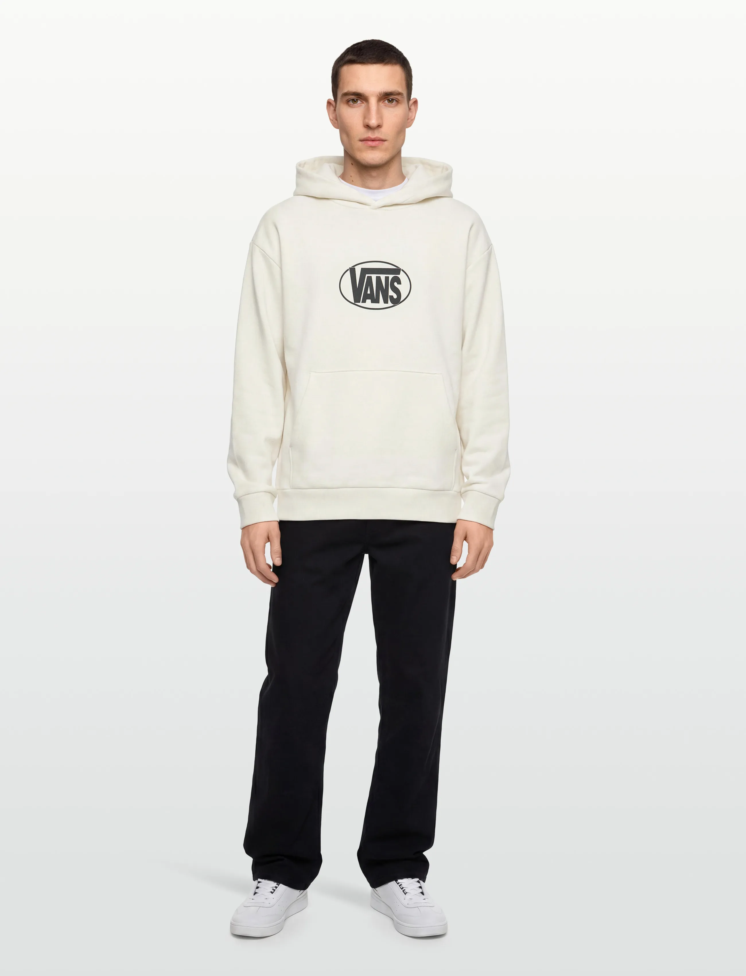 VANS Oval Logo Relaxed Pullover, Afslappet Ovalt Logo Hættetrøje, Hvid, Str: S