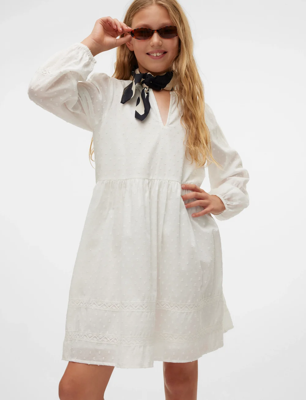 Vero Moda Girl - VMTRINE LS LACE SHORT DRESS WVN GA GIRL - kleidid - snow white - 1