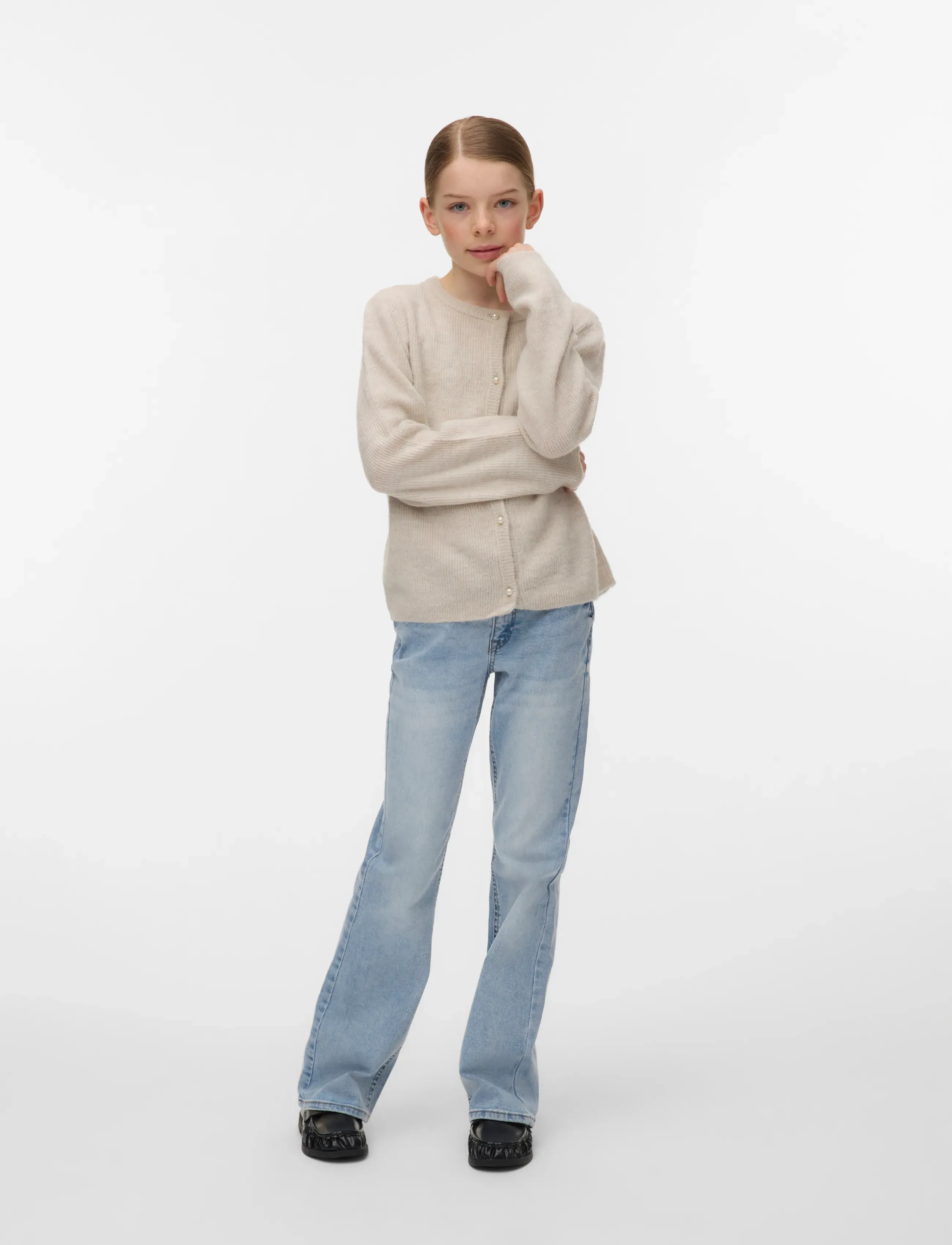 Vero Moda Girl VMLEFILE LS O-NECK PEARL CARDIGAN GIRL - Koftor - PUMICE STONE / beige