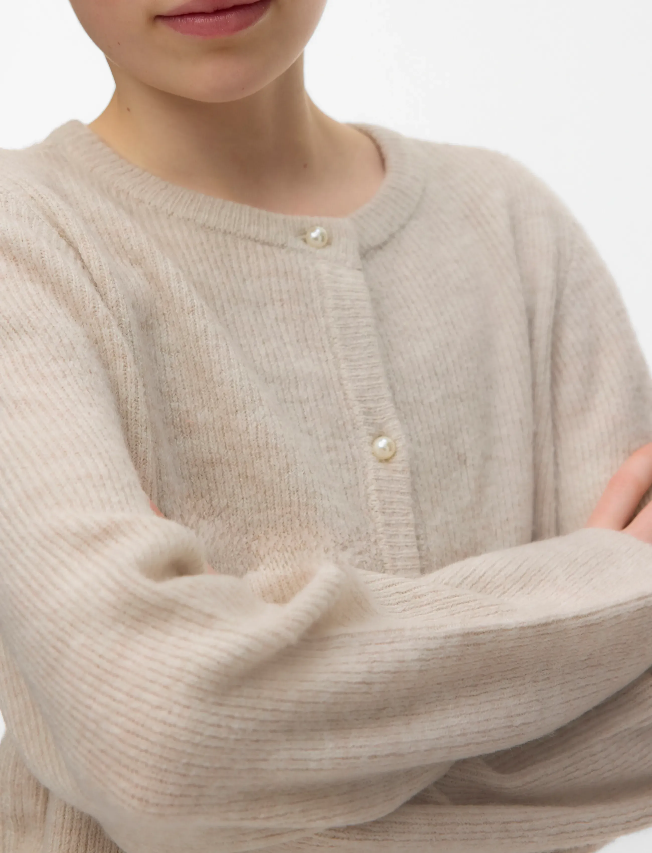 Vero Moda Girl VMLEFILE LS O-NECK PEARL CARDIGAN GIRL - Meestele - PUMICE STONE / beige