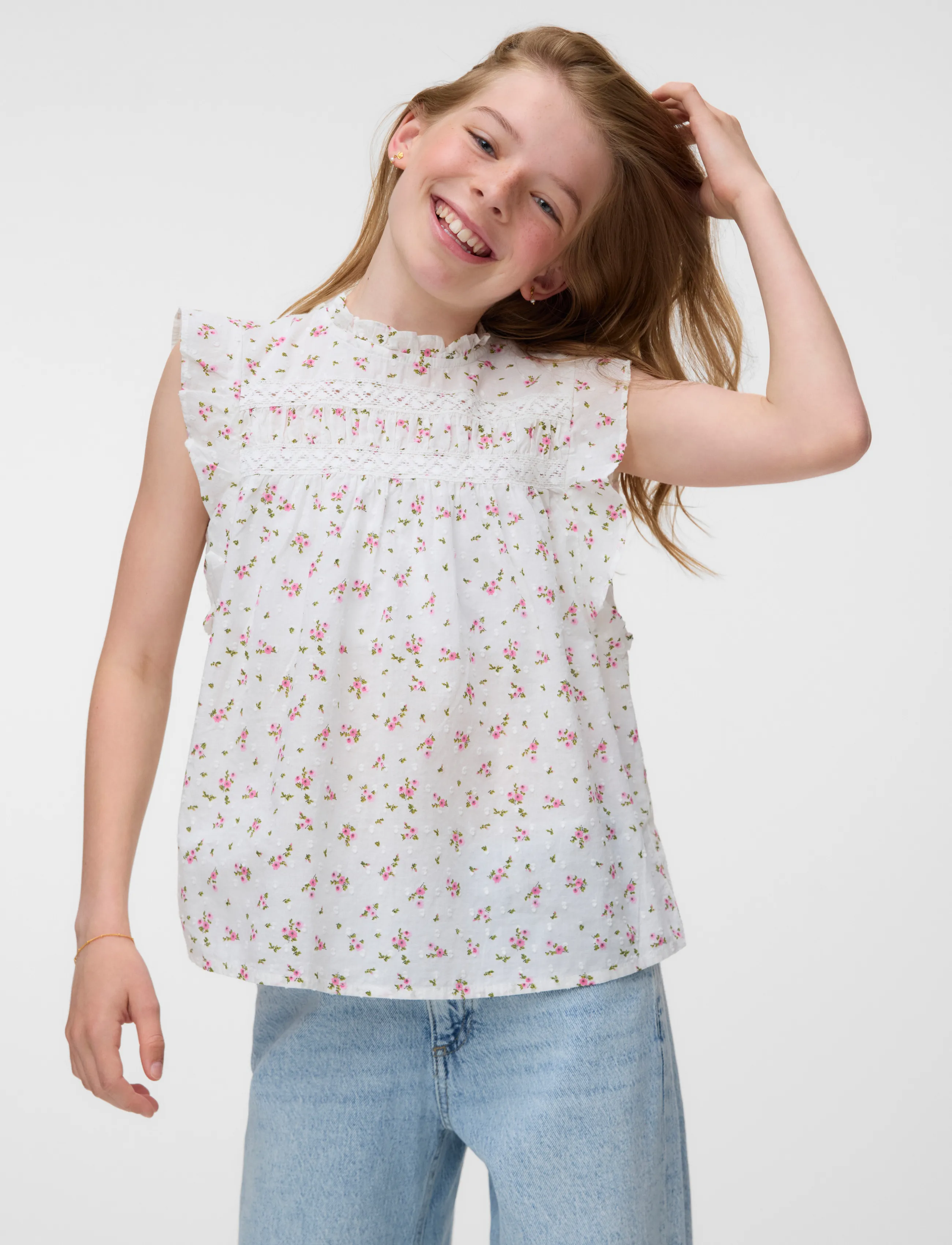 Vero Moda Girl - VMTRINE SL LACE TOP WVN GIRL - blusen & tuniken - snow white - 3