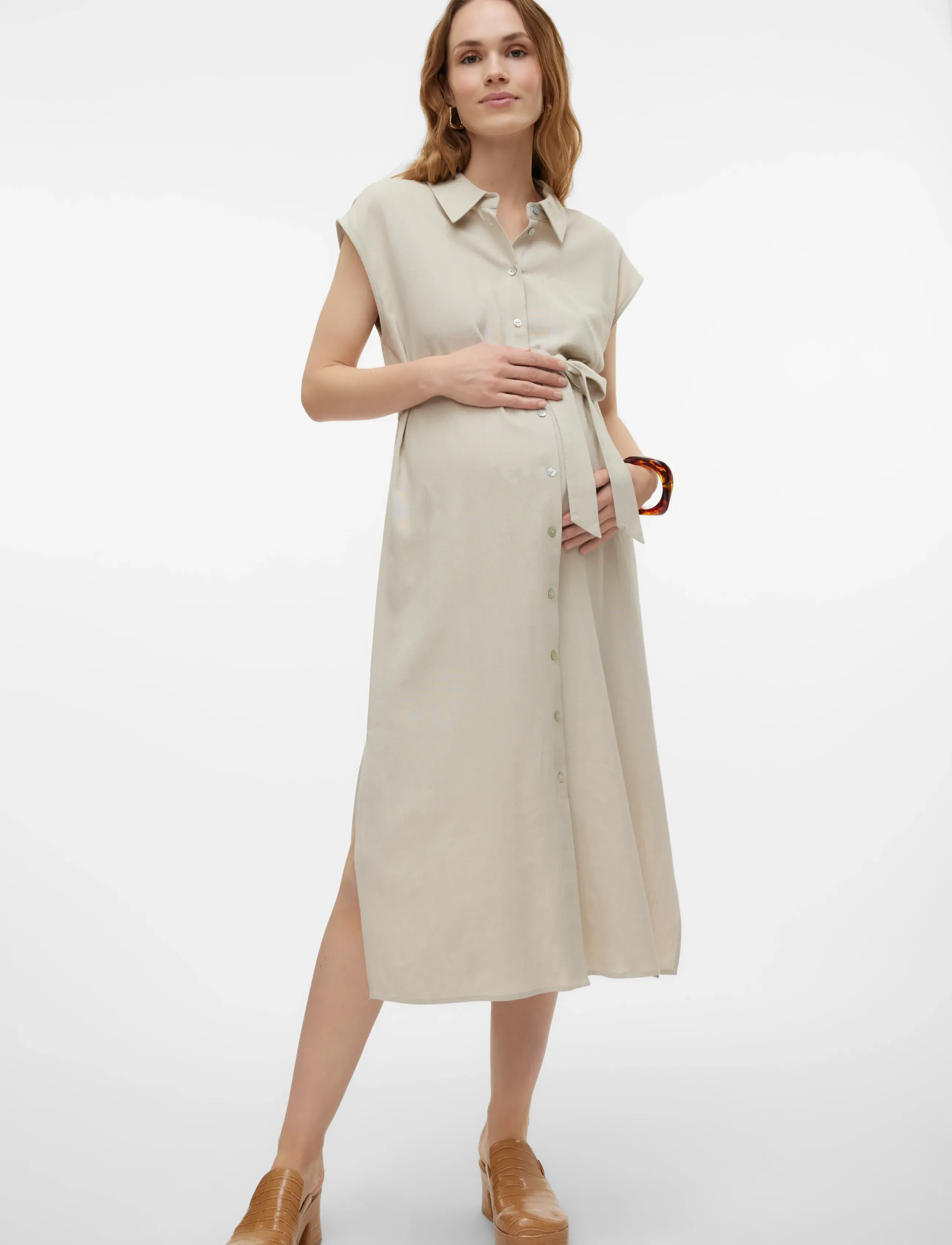 Vero Moda Maternity Vmmmymilo Sl Calf Shirt Dress Wvn, XL, Beige, Kjoler > Skjortekjoler, Dame