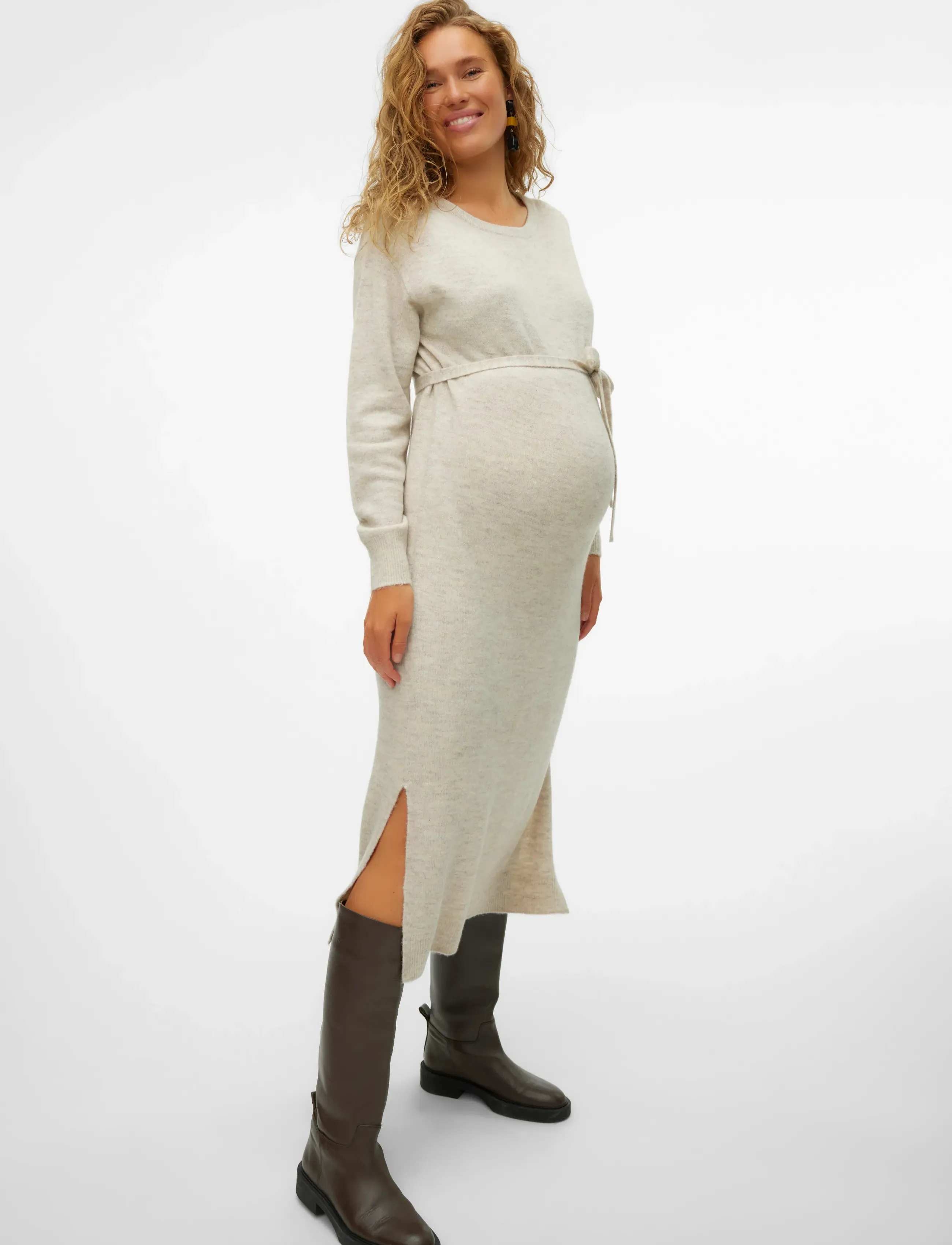 Vero Moda Maternity VMMLEFILE LS BOATNECK CALF DRESS NOOS - Knitted Dresses - BIRCH / cream