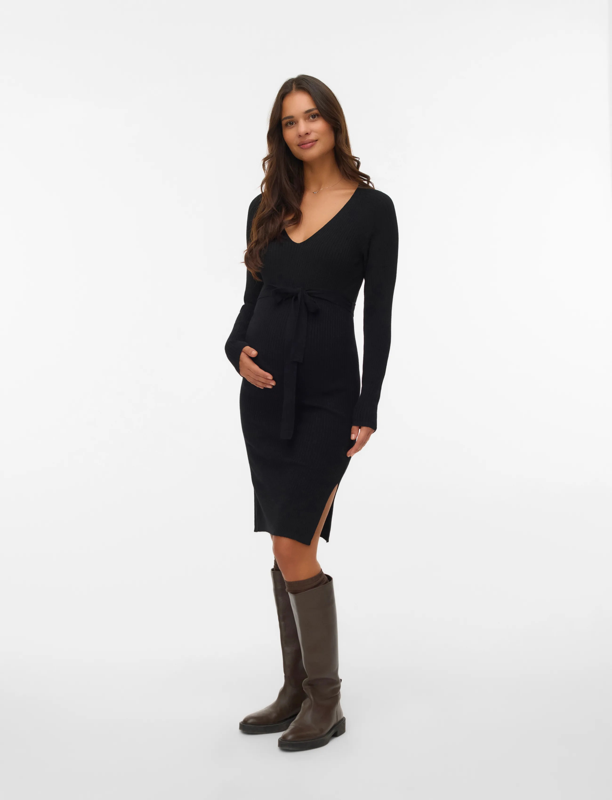 Vero Moda Maternity - VMMSABA RIB LS V-NECK BELT DRESS GA NOOS - strickkleider - black - 4
